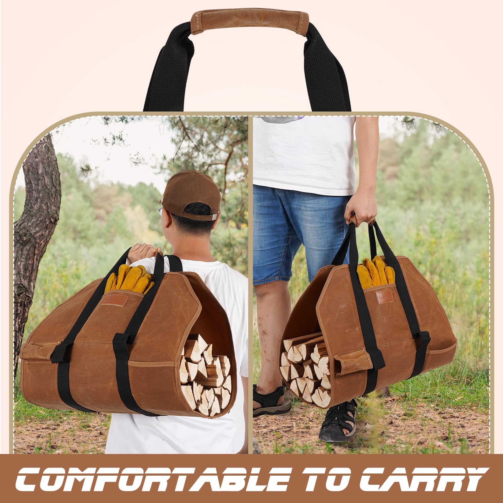 Heavy Duty Waxed Canvas Firewood Log Carrier Tote Bag with Handles - Fireplace Wood Stove Accessories for Camping, BBQ, Indoor & Outdoor Use - Perfect for Fireplace, Wood Stove, Camping Trips and Backyard Gatherings