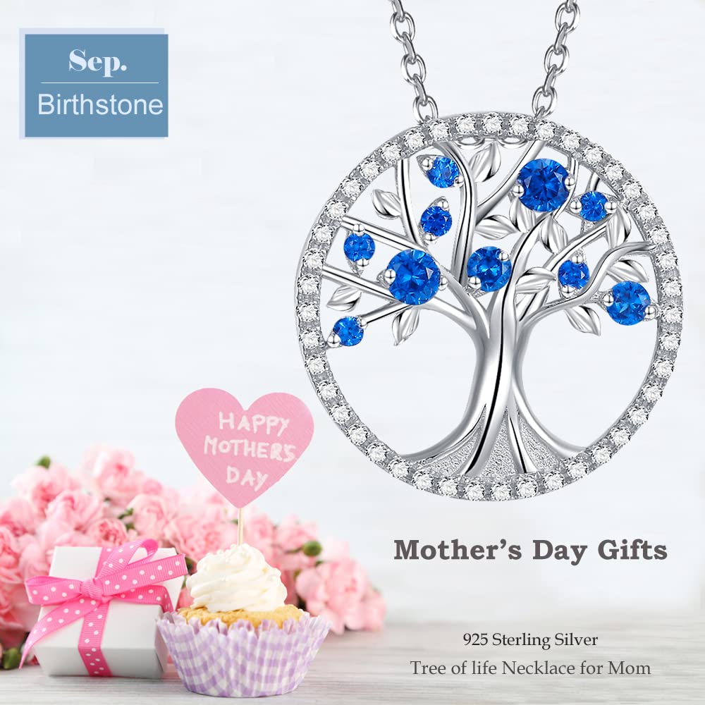 Tree of Life Necklace - March & April Birthstone Jewelry with Aquamarine for Women | 925 Sterling Silver Pendant Gift for Wife, Mom, Birthday | Spiritual Symbol for Meditation & Everyday Wear