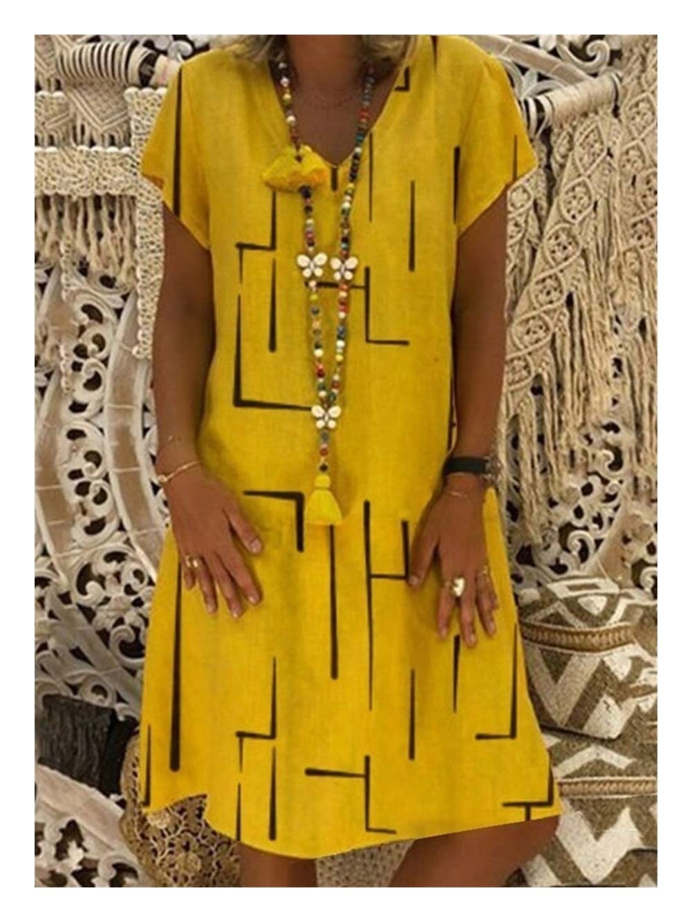 Plus Size Women's Summer Dresses - Floral Print Short Sleeve V-Neck Loose Fit Maxi Dress (Yellow, Large) | Beach Vacation, Casual Outing, Party Wear