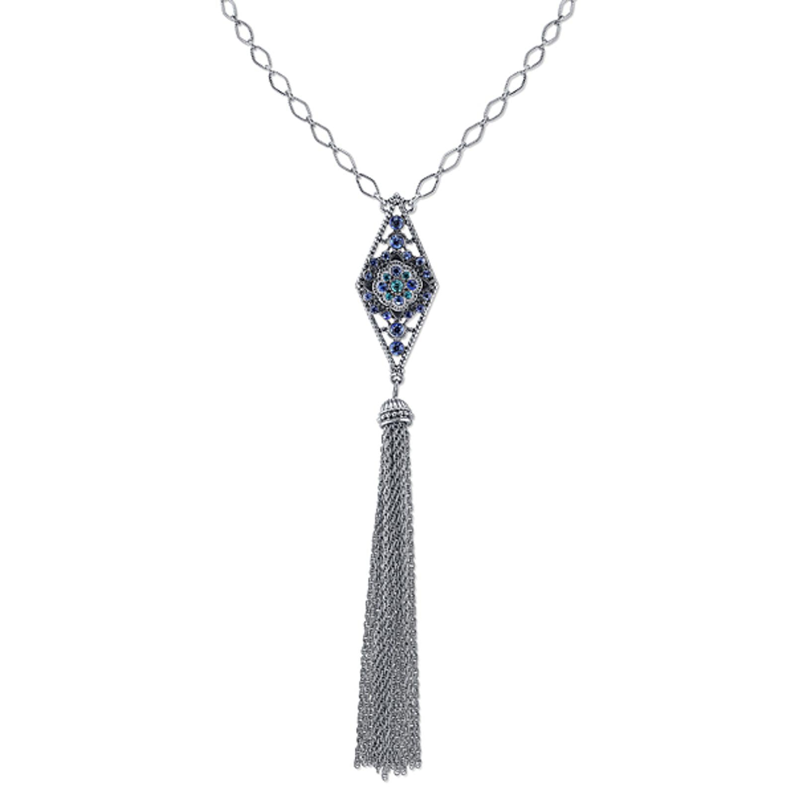 1928 Vintage Style Multi Blue Crystal Diamond Link Chain Tassel Necklace - 26 Inch Elegant Statement Jewelry for Women, Perfect for Parties, Weddings & Special Occasions