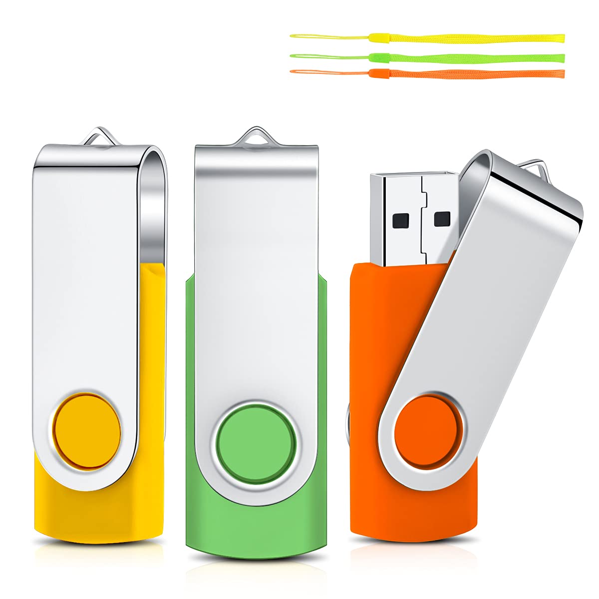 16GB USB 3 Pack - Swivel Flash Drives with Lanyards for Data Storage & File Transfer (Multi-Color)
