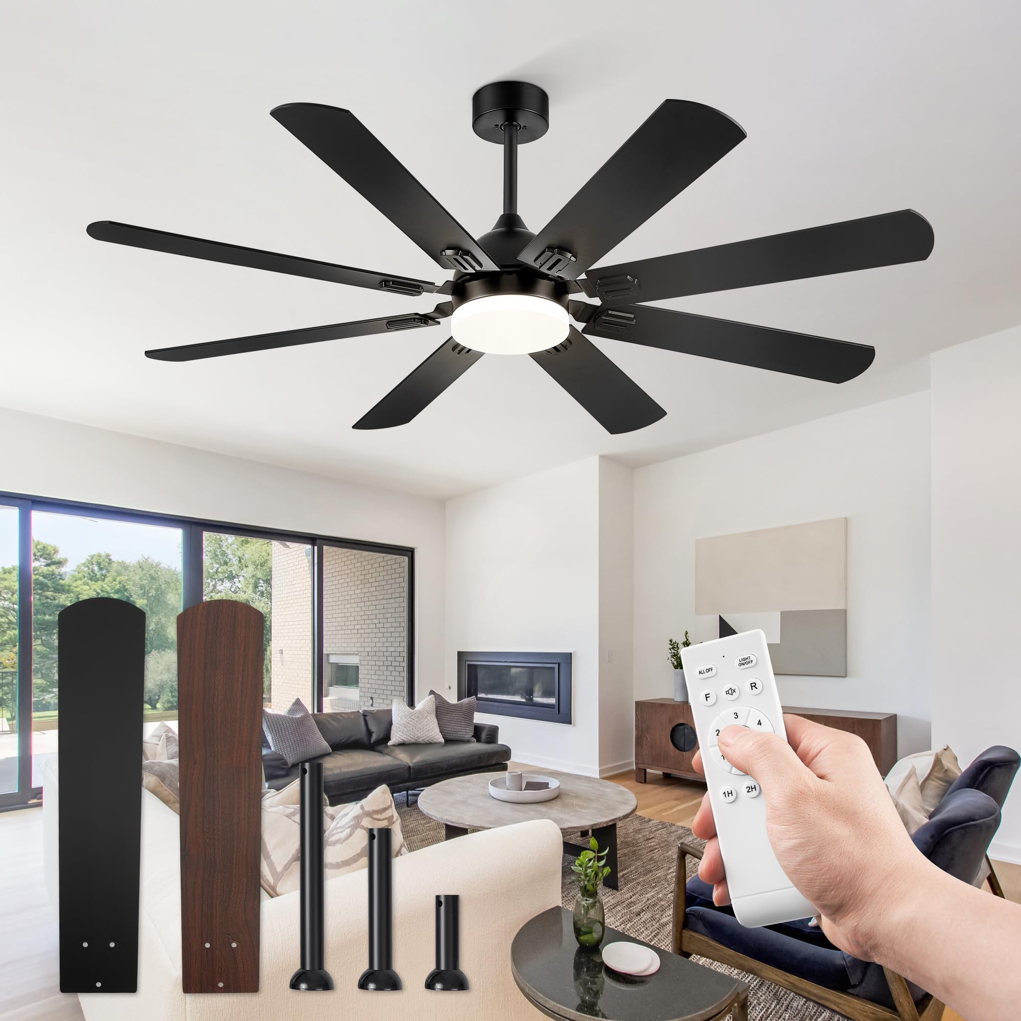 62 Inch Black Modern Ceiling Fan with Lights and Remote - 8 Dual Finish Blades, Quiet DC Motor, Bright LED Light - Perfect for Farmhouse, Indoor & Outdoor Use in Living Room, Bedroom, Patio