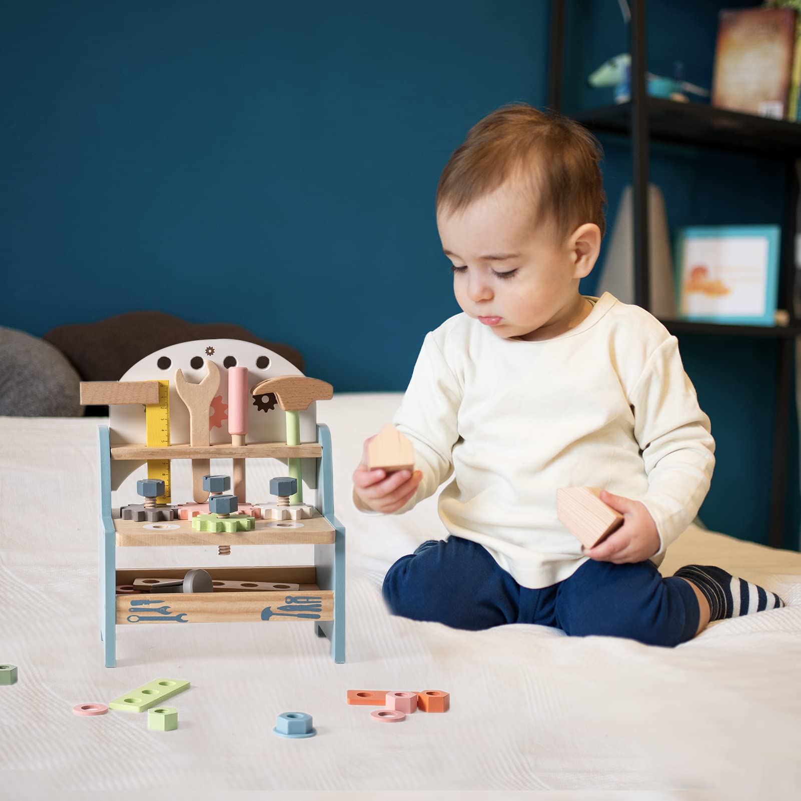 ROBOTIME Wooden Tool Bench Set for Kids - Construction Pretend Play Toys with Wooden Tools, Educational Building Toy Gift for Toddlers Ages 18 Months to 5 Years - Perfect for Role Play, Early Learning & Motor Skill Development