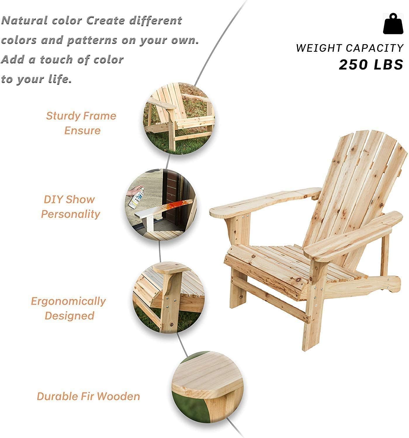 LOKATSE HOME Natural Wood Single Adirondack Chair - Outdoor Patio Furniture for Garden, Deck, Poolside & Backyard Relaxation