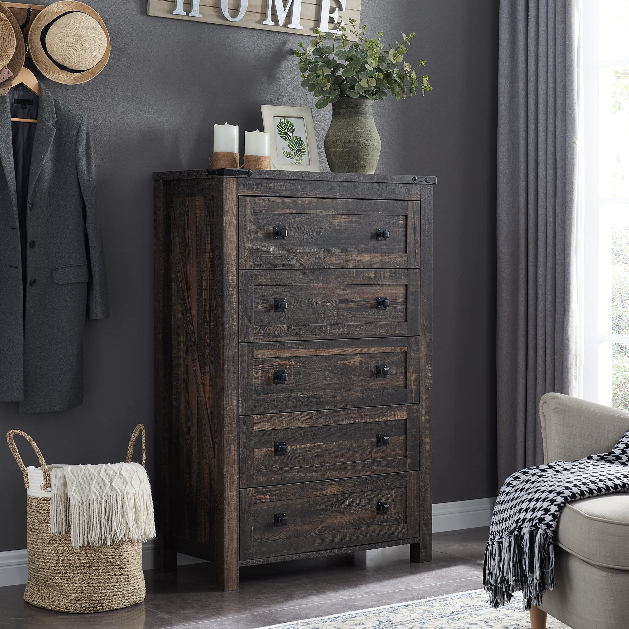 Rustic Oak 5-Drawer Dresser Chest for Bedroom - Farmhouse Wood Storage Organizer with Tall Design for Living Room, Hallway & Bedroom - Perfect for Home Organization & Rustic Decor
