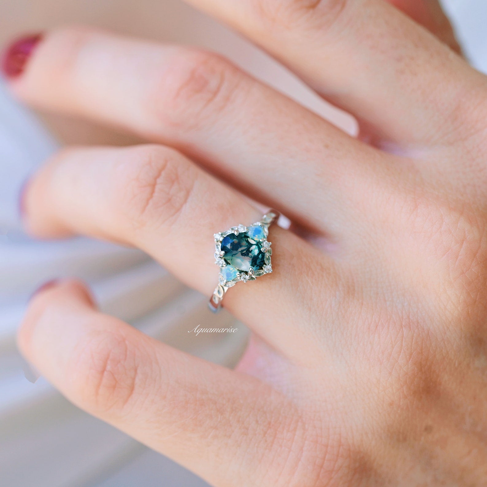 Elegant Moss Agate & Opalescent Sapphire Leaf Ring in Sterling Silver - Perfect for Nature-Inspired Jewelry Lovers, Weddings & Boho Fashion