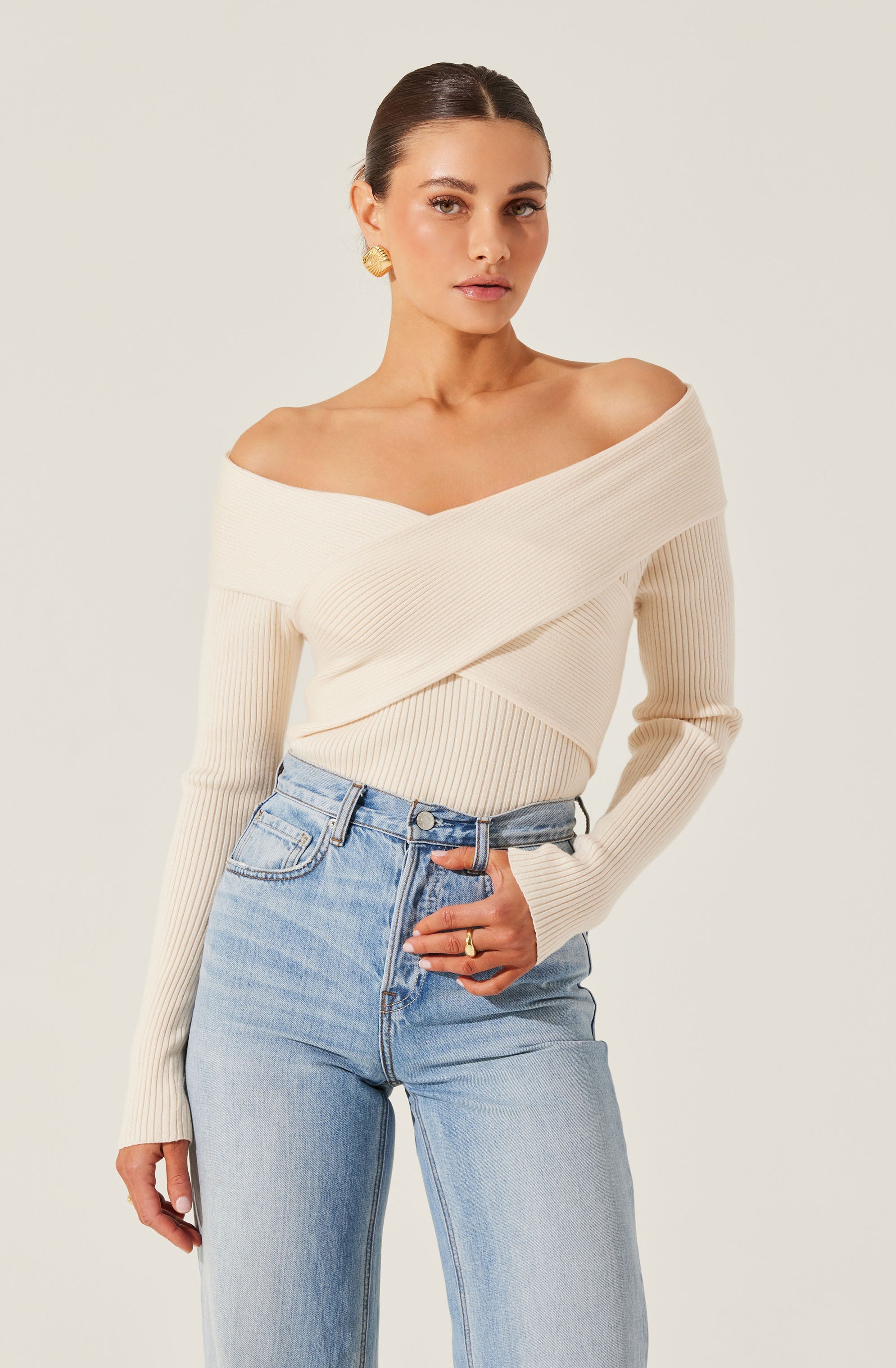Off Shoulder Crossover Sweater Women's Fashion - Casual Knit Pullover for Fall & Winter - Perfect for Date Night, Office Wear & Weekend Outfits