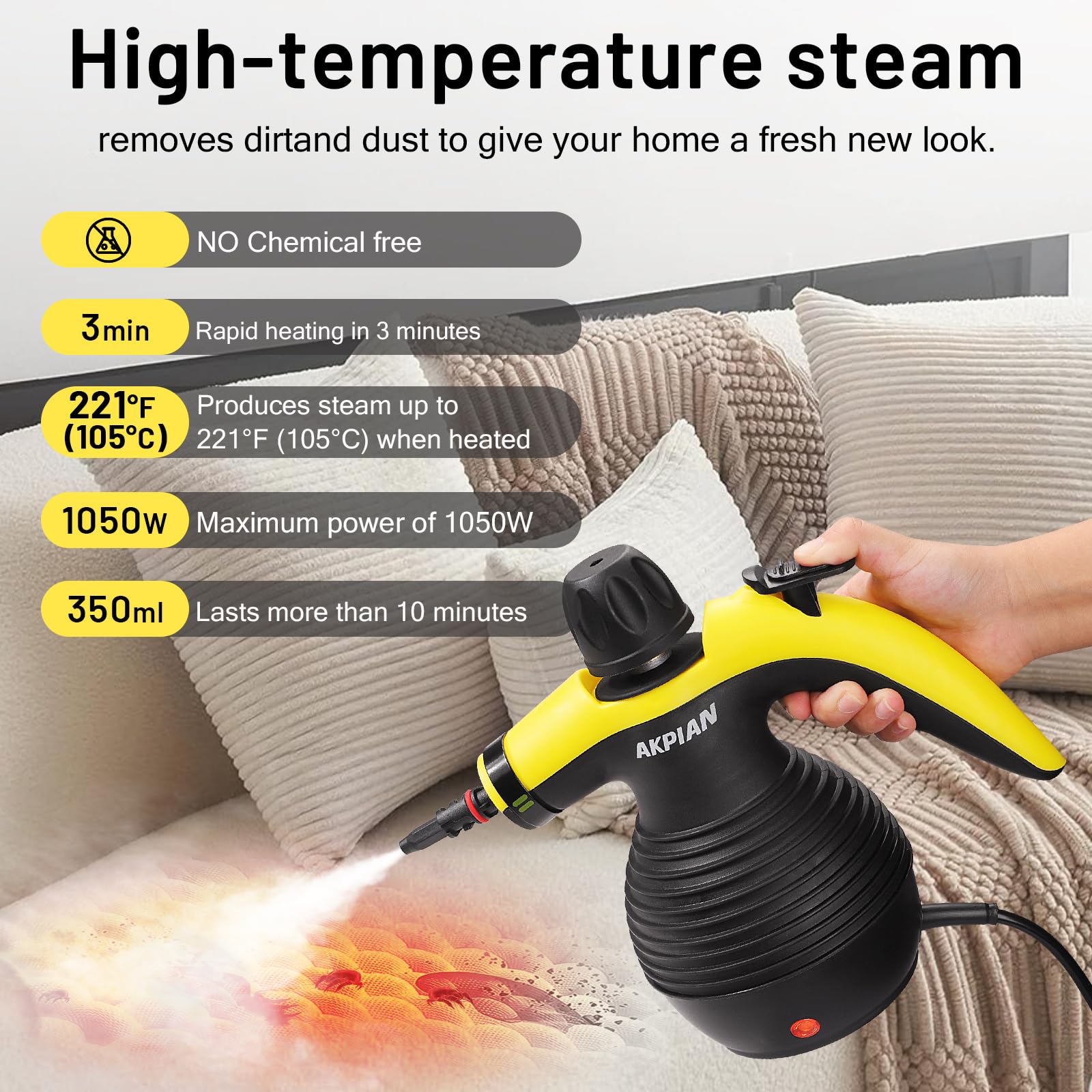 Portable Handheld Steam Cleaner for Home Use - Multipurpose Steamer with Safety Lock & 10 Accessory Kit - Removes Grime, Grease, Stains - Perfect for Kitchen, Bathroom, Car Detailing & Upholstery Cleaning