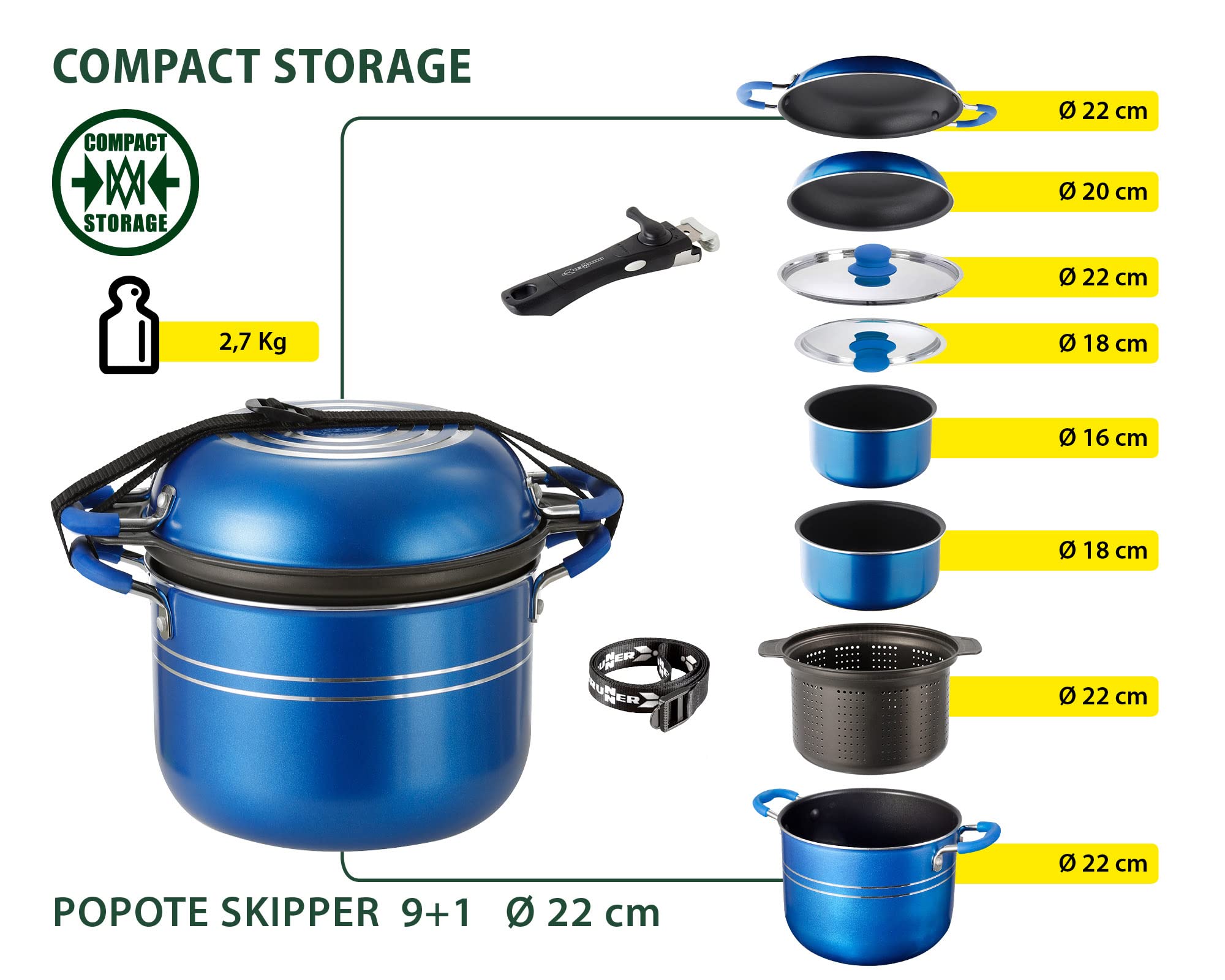 Premium Brunner Pot Set Skipper 9+1 Pieces 22cm Diameter - Perfect for Cooking, Serving & Entertaining at Home or Outdoor Gatherings