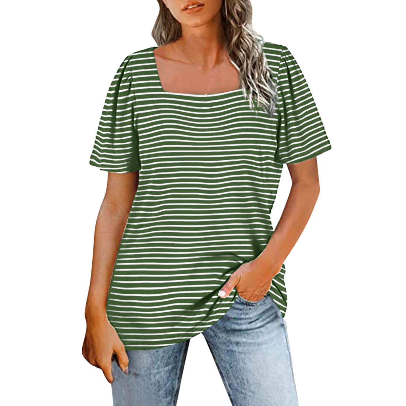 Women's Striped Casual T-Shirt - Loose Fit Puff Short Sleeve Blouse with Rectangular Neck | Perfect for Summer Outfits, Beach Wear & Everyday Comfort