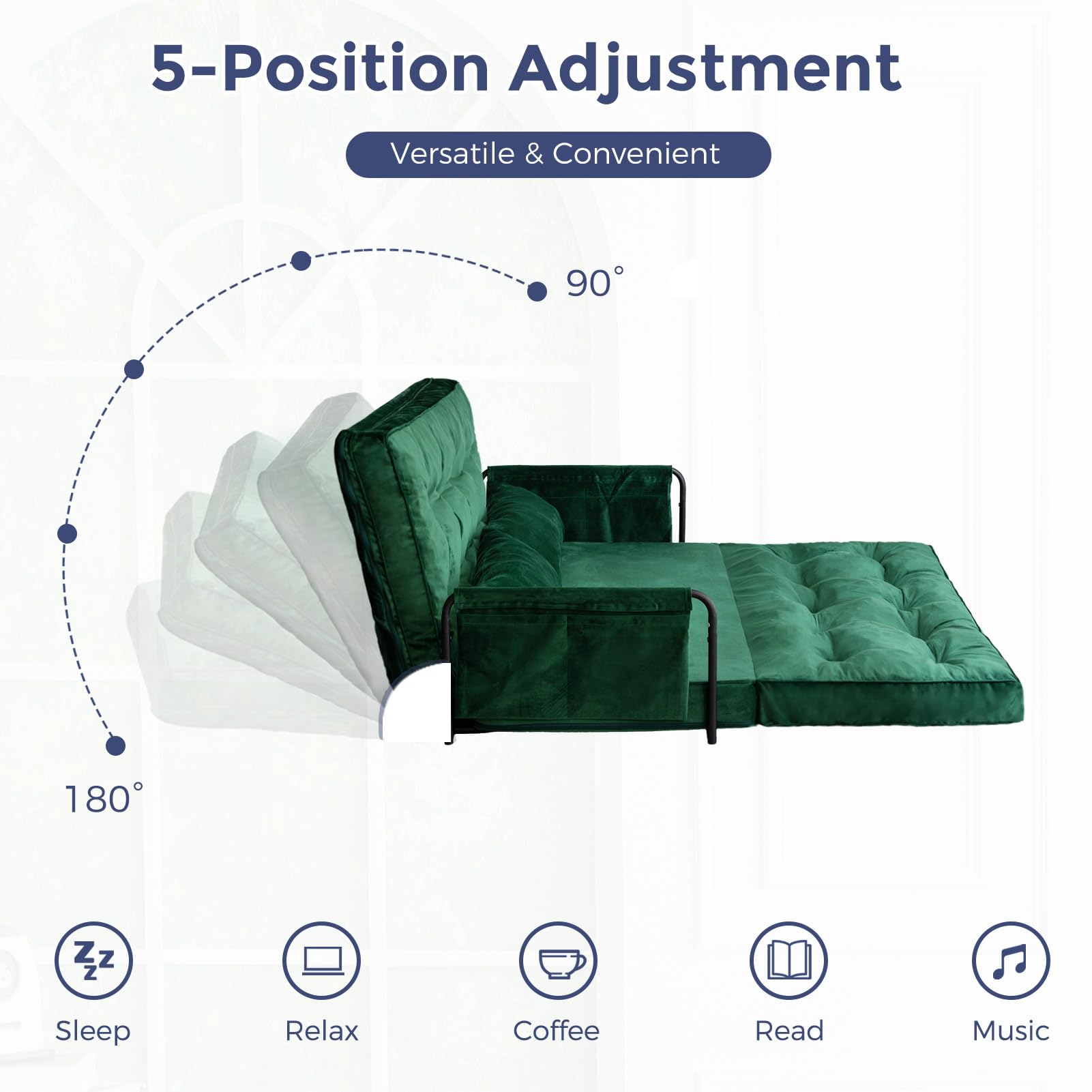 MAXYOYO Adjustable Floor Sofa Couch - Velvet Convertible Lazy Sofa Sleeper Bed with Pillows & Armrest, Double Size in Green | Perfect for Small Spaces, Living Rooms & Guest Beds