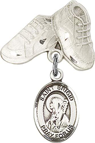 Sterling Silver Baby Badge with St. Brigid of Ireland Charm & Baby Boots Pin - Religious Jewelry for Christening, Baptism Gifts & Newborn Blessings