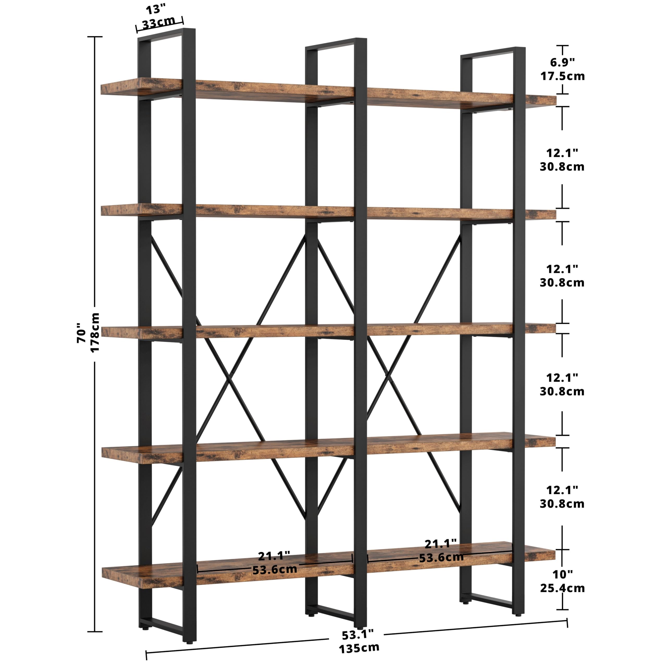 IRONCK 5-Tier Industrial Bookshelf - Double Wide Large Open Shelves for Home & Office - Wood & Metal Bookcase - Easy Assembly - Perfect for Living Room, Bedroom & Study Organization