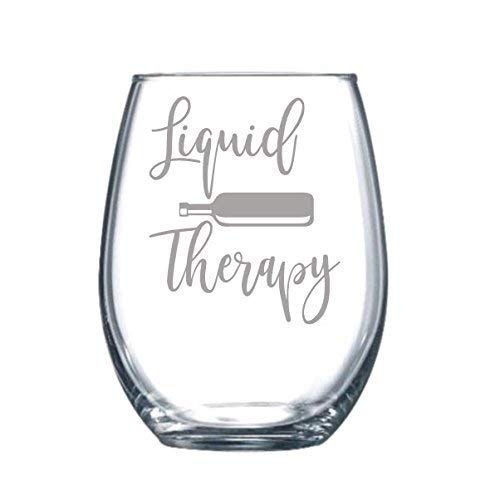 Funny Wine Glass with Laser Etched Cursive Design - 17 oz Stemless Tumbler for Gifts, Parties & Relaxation | Liquid Therapy Humor for Wine Lovers