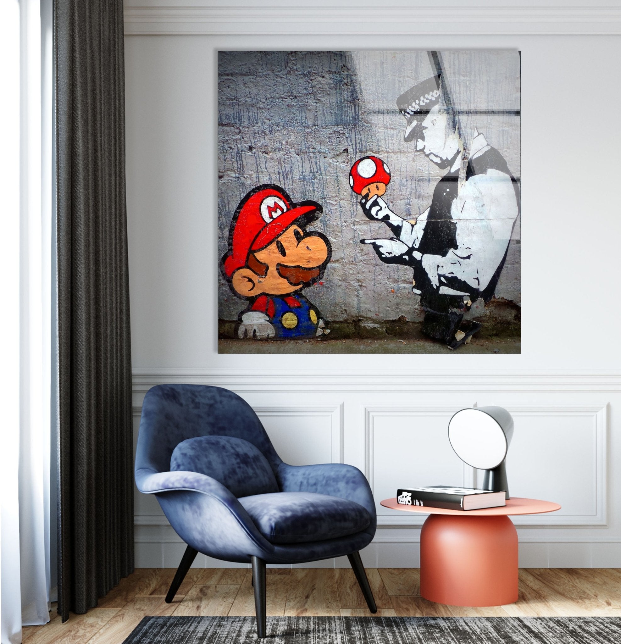 Banksy Mario and Police Man Glass Wall Art - Modern Street Art Decor for Living Room, Bedroom & Office - Unique Gift for Art Lovers