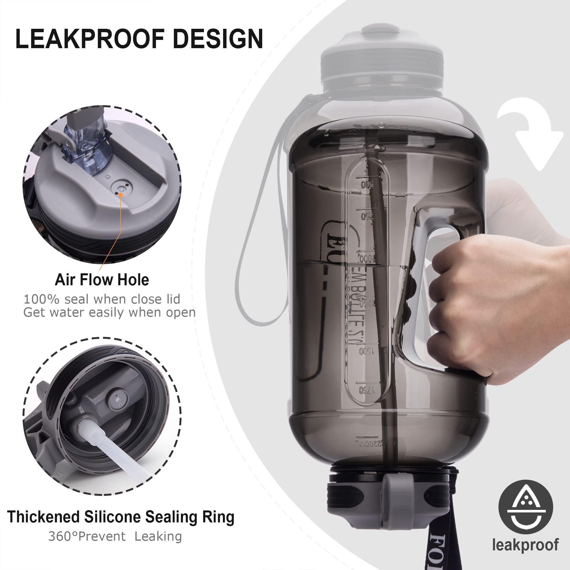 **2.2L (74oz) Large Half Gallon Water Bottle with Straw & Handle - Leakproof, BPA Free Sports Water Jug for Camping, Hiking, Gym & Outdoor Activities (Black)**