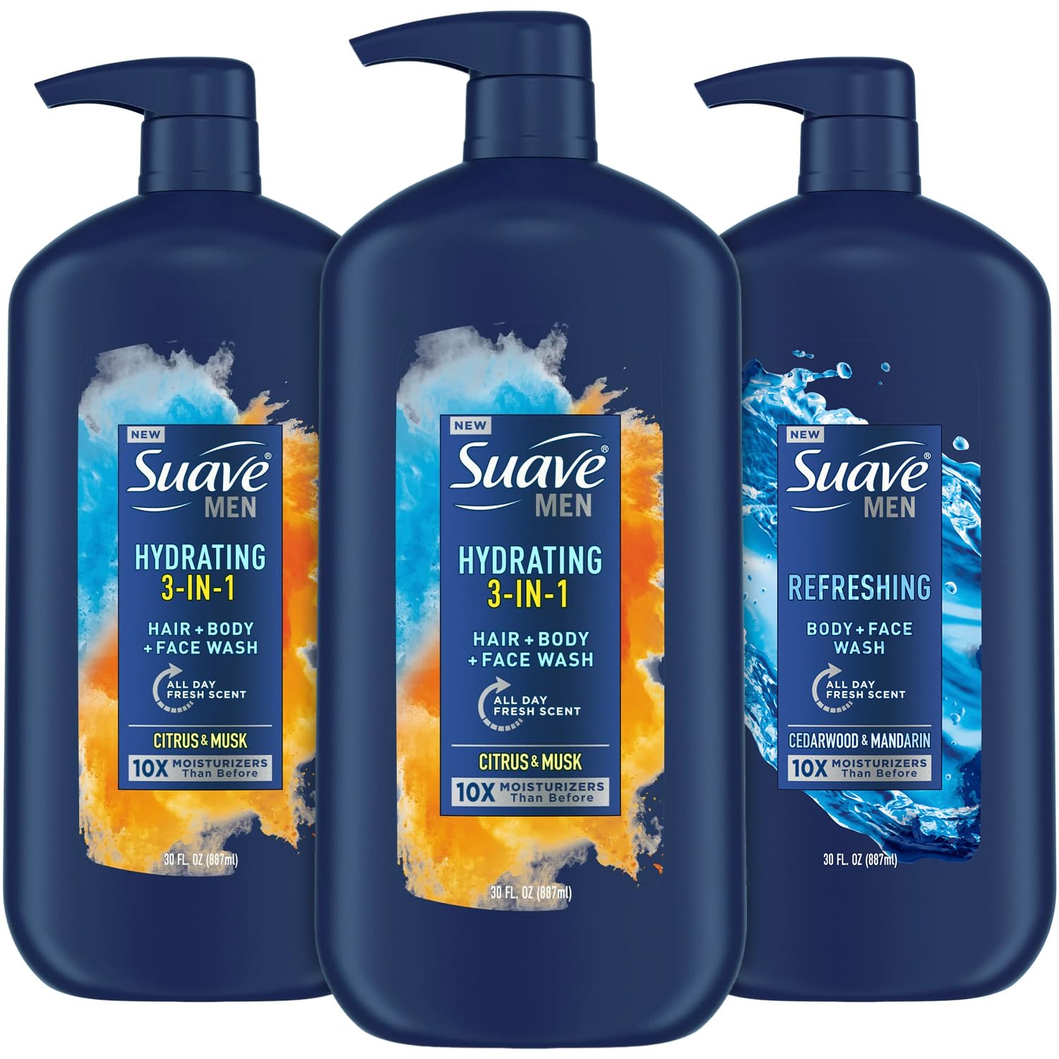 Suave Men's Shower Essentials Variety 3-Pack - Hydrating 3-in-1 Hair, Body & Face Wash + Refreshing Body & Face Wash, 30 Oz Each - Perfect for Gym, Travel & Daily Shower Routine