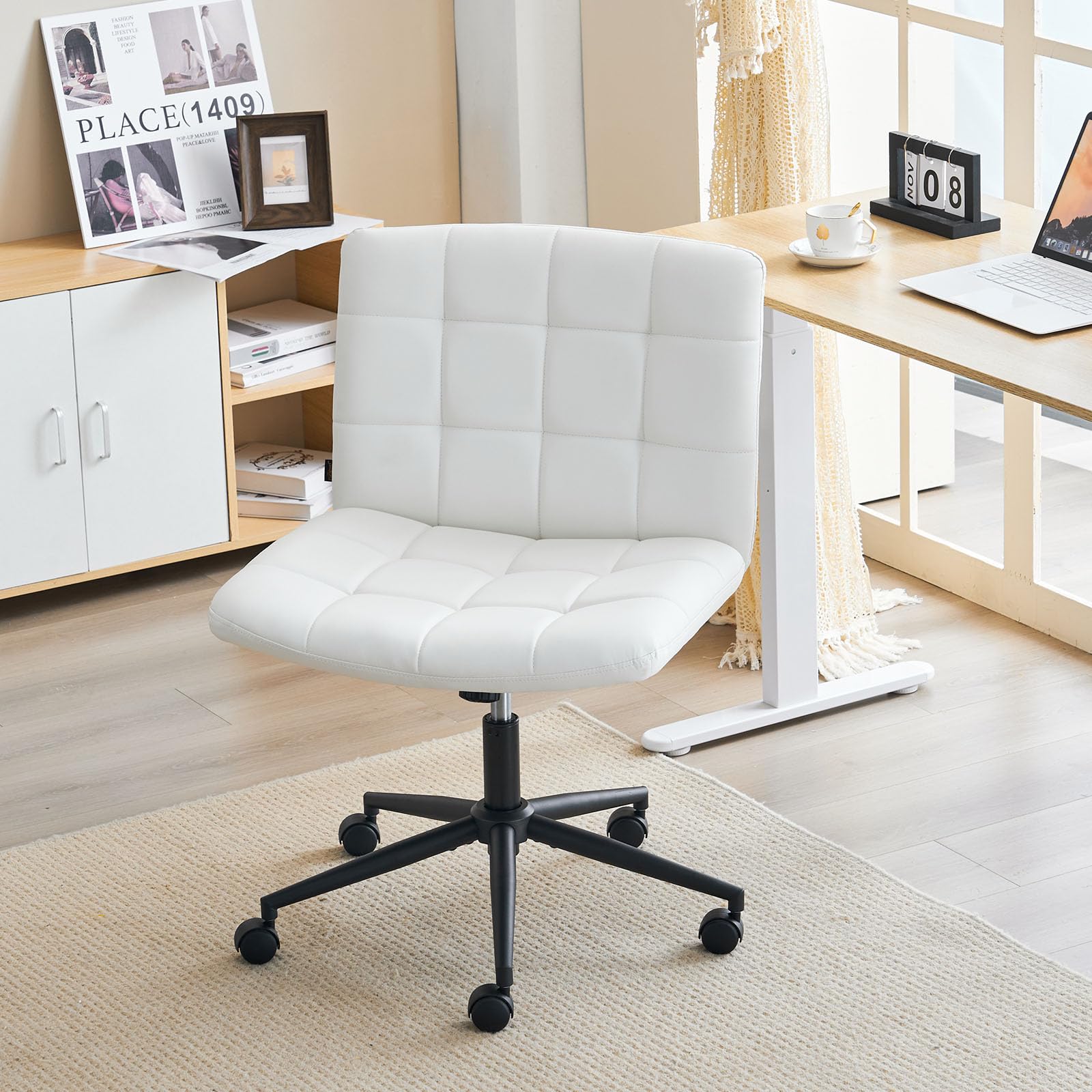 Furnimart Swivel Criss Cross Legs Office Chair with Wheels - Adjustable Height Armless Desk Chair, Comfortable PU Ivory White Seat for Home Office, Study, Vanity & Bedroom - Perfect for Work, Gaming & Relaxation