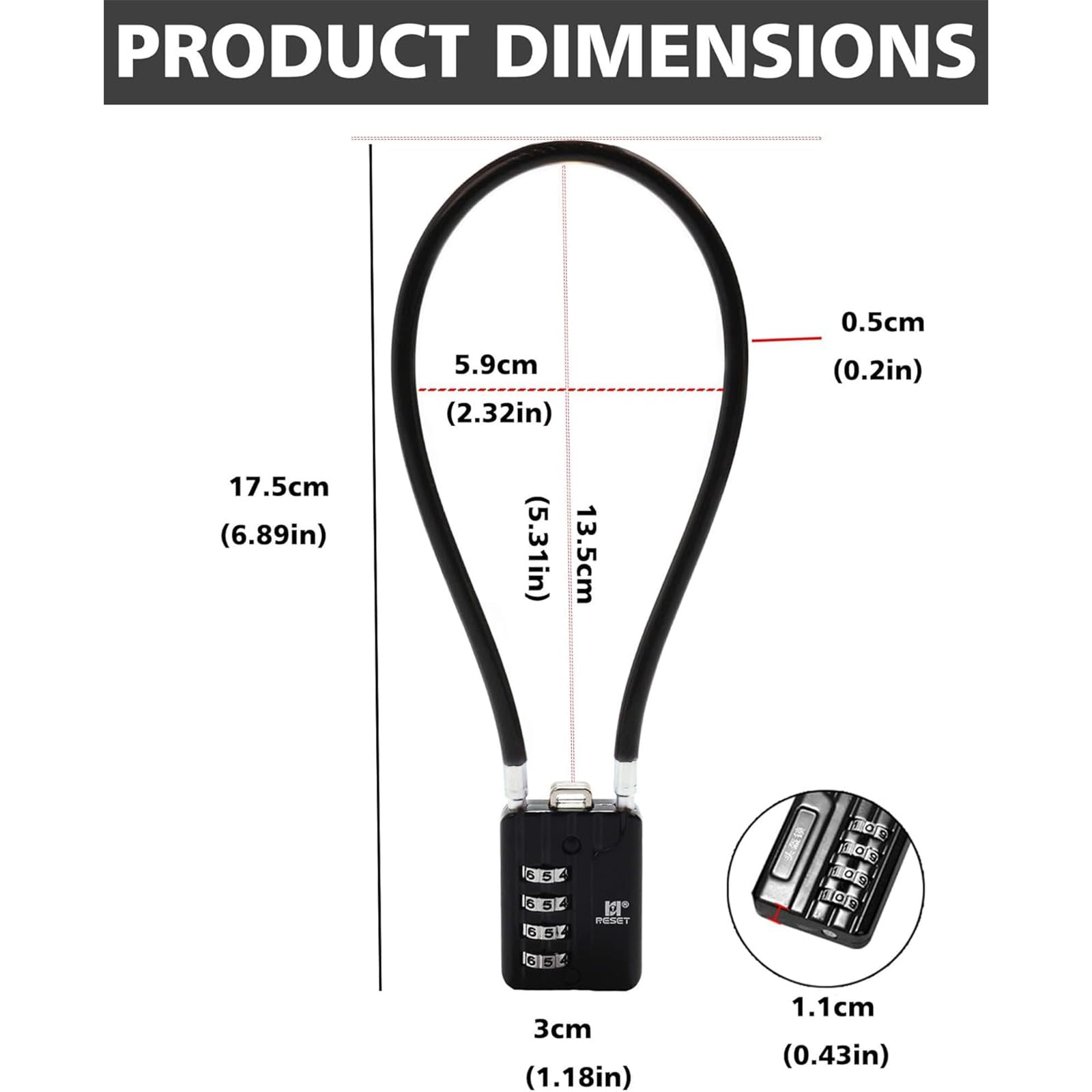 RESET-201 (2 Pack) 4 Digit Combination Padlock with 12 inch (30cm) Steel Cable - Heavy Duty Black Cable Lock for Trash Can, Locker, Gym, Luggage, Suitcase, Gun Case, Helmet Security - 5mm Diameter Anti-Theft Protection for Outdoor, Travel & Storage Use