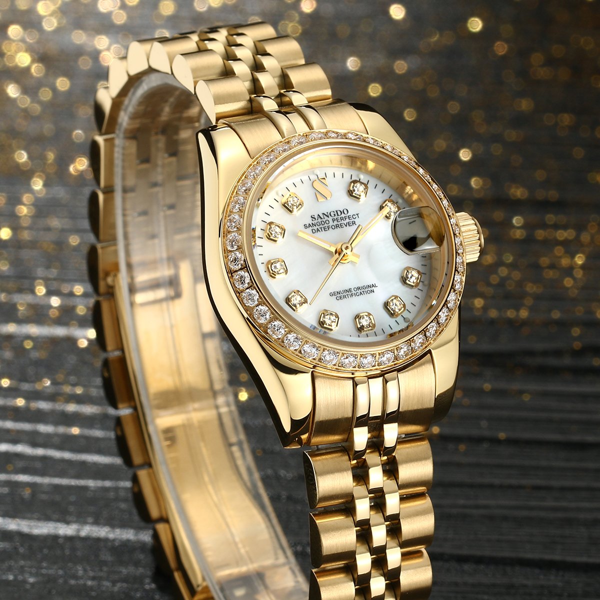Gosasa Men's Luxury Automatic Mechanical Watch with Gold Crystal Accents - Stainless Steel Band, Waterproof, Elegant Gift for Family & Friends - Perfect for Business, Formal Events & Special Occasions