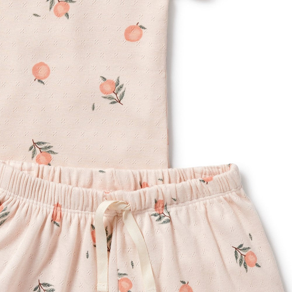Organic Peaches Print Pointelle Short Sleeve Pajamas for Women - Soft & Breathable Sleepwear for Summer Nights, Lounge Wear, and Cozy Bedtime Comfort