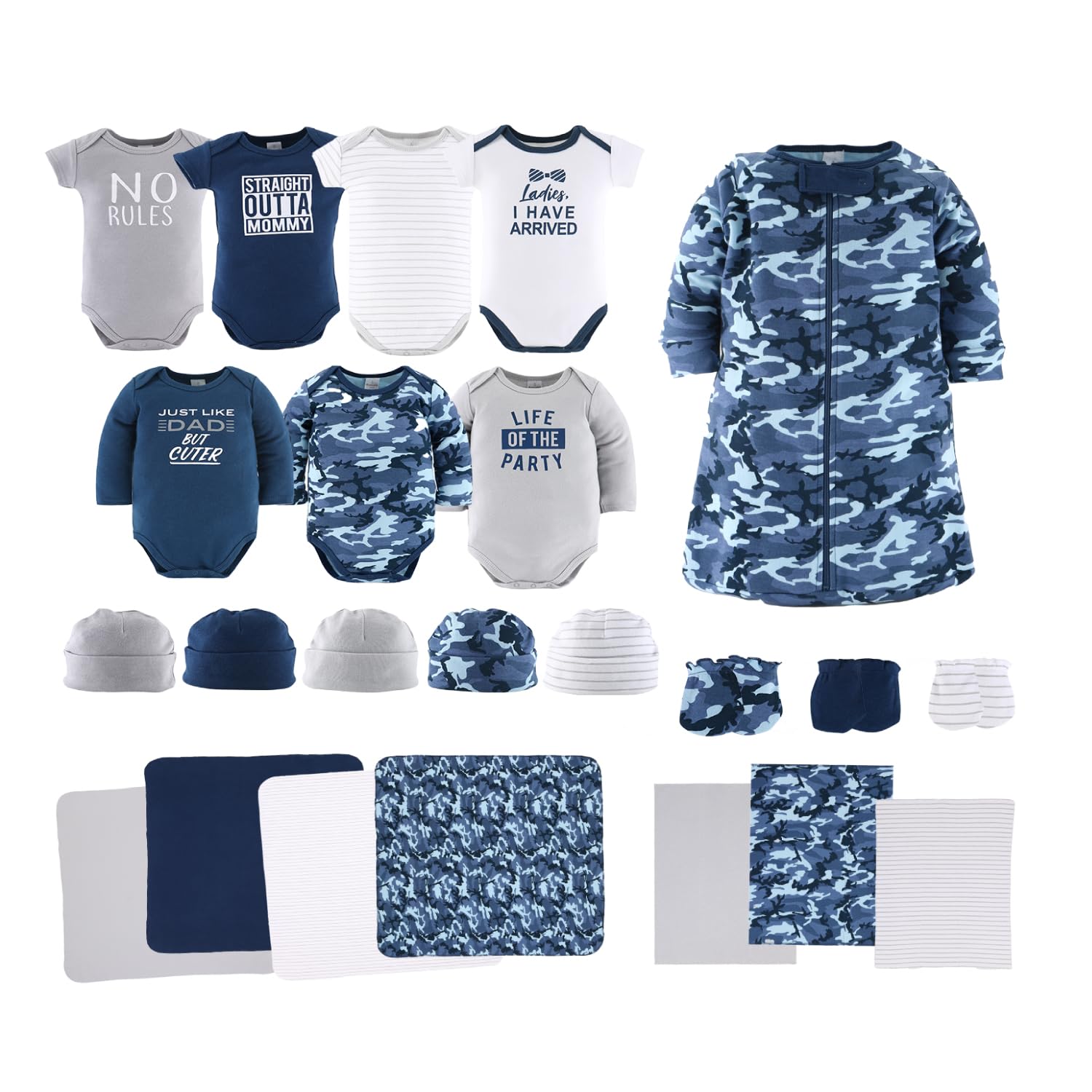 **Peanutshell 23-Piece Baby Boy Layette Gift Set - Newborn Essentials & Clothes 0-3 Months (Blue Camo) - Perfect for Baby Showers, Birthdays & Hospital Homecoming**