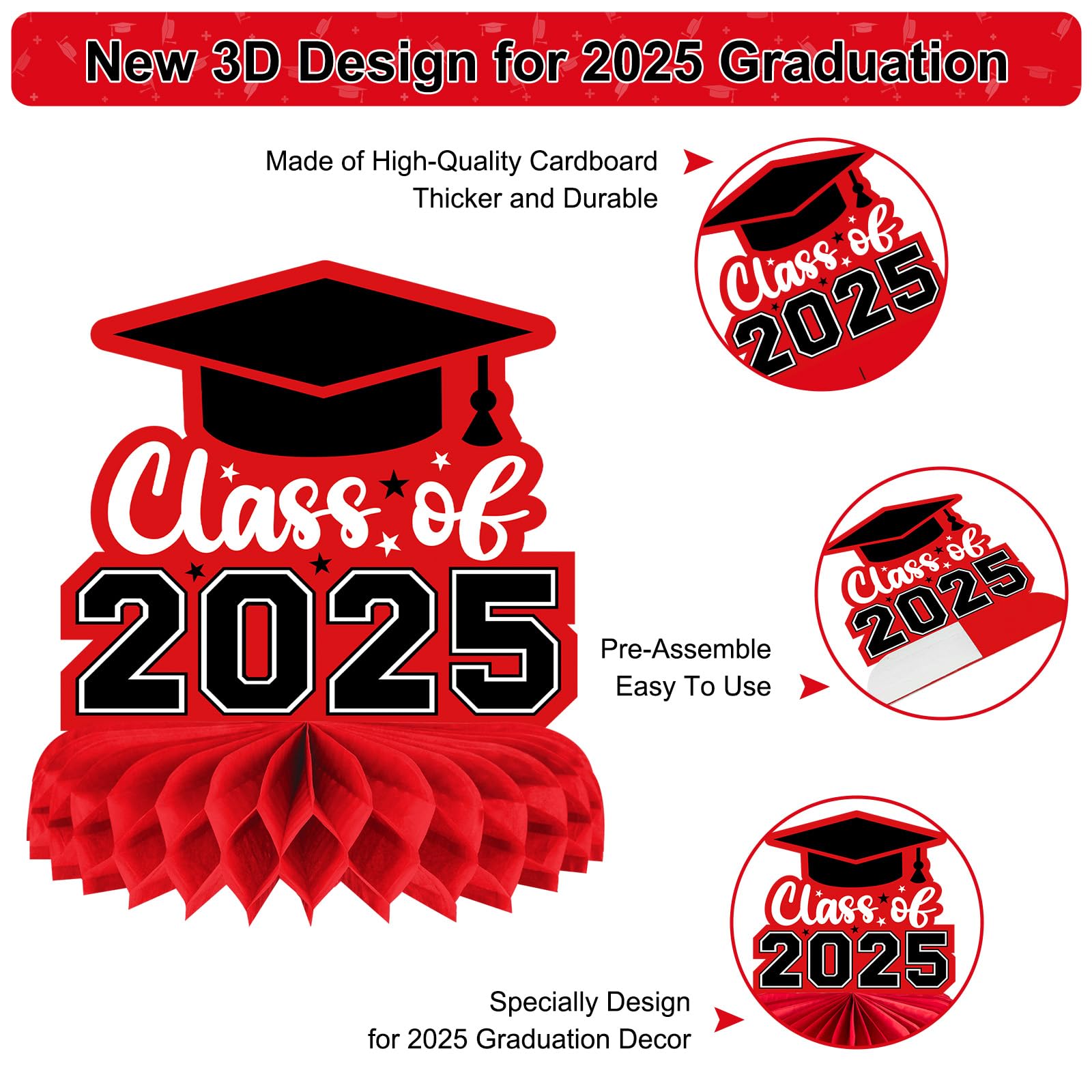 8-Piece Class of 2025 Graduation Table Decor Set - Red & Black Honeycomb Centerpieces for 2025 Grad Party | Congrats Grad Table Toppers | Perfect for Graduation Ceremony Decorations & Party Favors