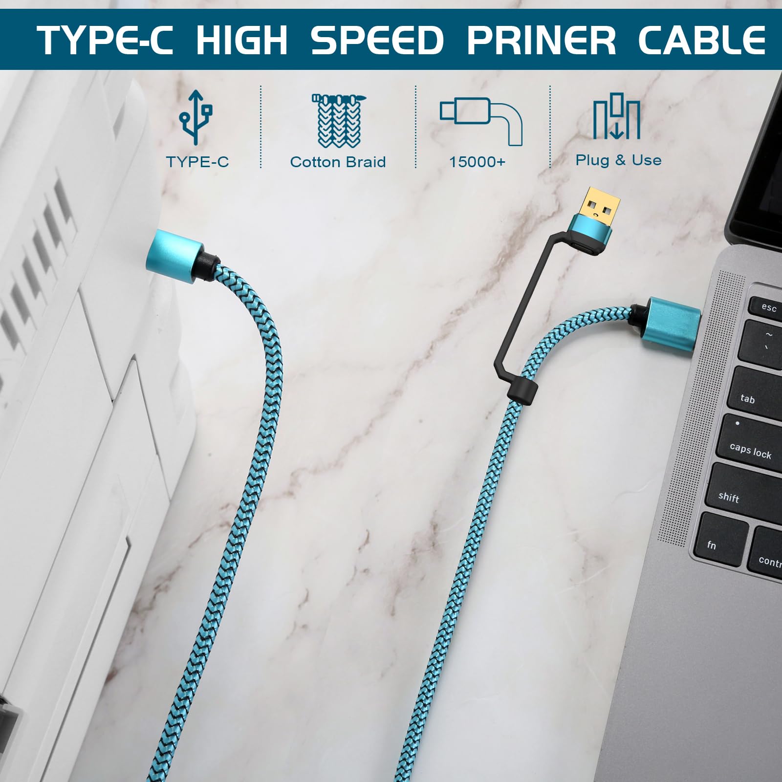 10FT USB Printer Cable - High-Speed Nylon Braided USB A to USB B Cord for HP, Canon, Epson, Dell, Brother Printers & Yamaha MIDI Controllers | Durable & Tangle-Free | Perfect for Home Office, Studio & School Use