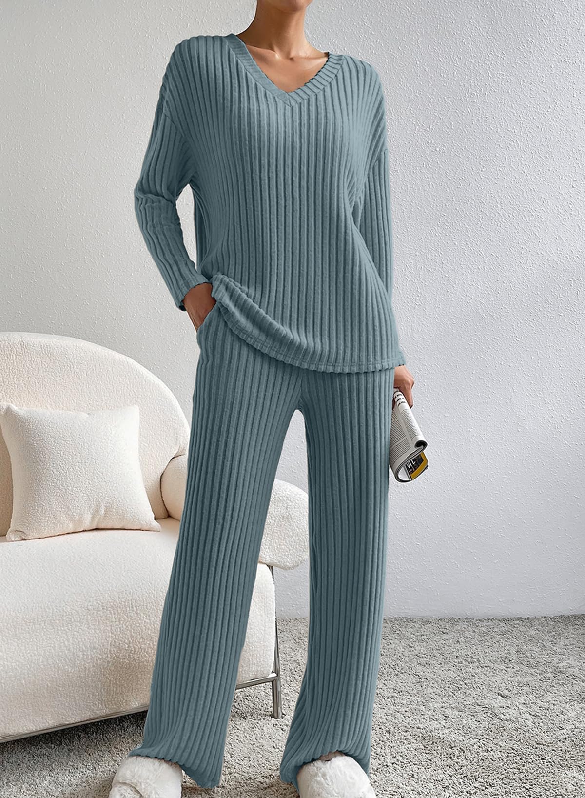 SHEWIN Women's Pajama Sets - Long & Short Sleeve 2-Piece Lounge Outfit, Ribbed Knit Sweater Sleepwear for Cozy Nights & Relaxing at Home