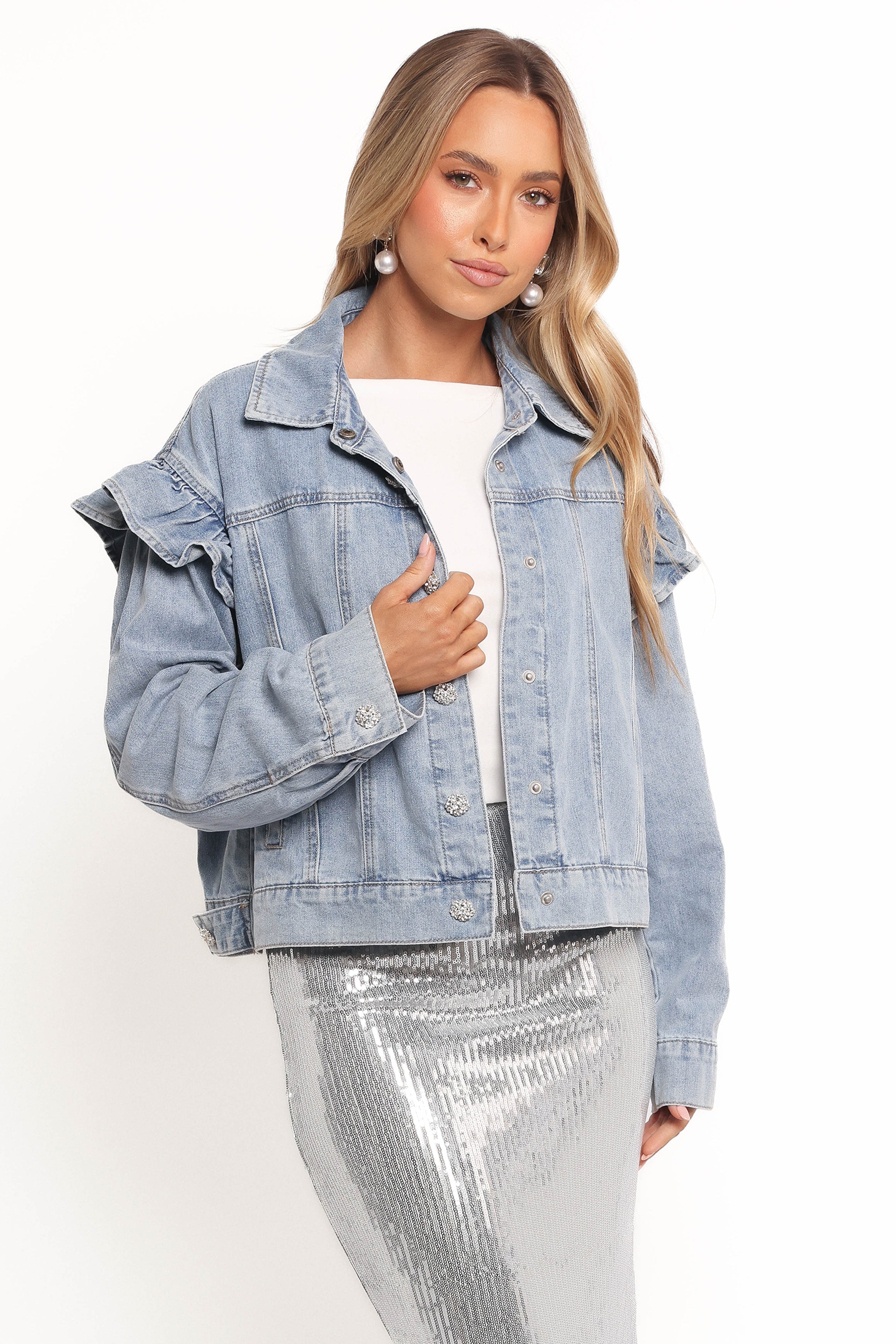 Hadley Ruffle Sleeve Denim Jacket for Women - Mid Wash Distressed Denim Jacket with Ruffled Sleeves - Casual Chic Outerwear for Spring & Fall Fashion