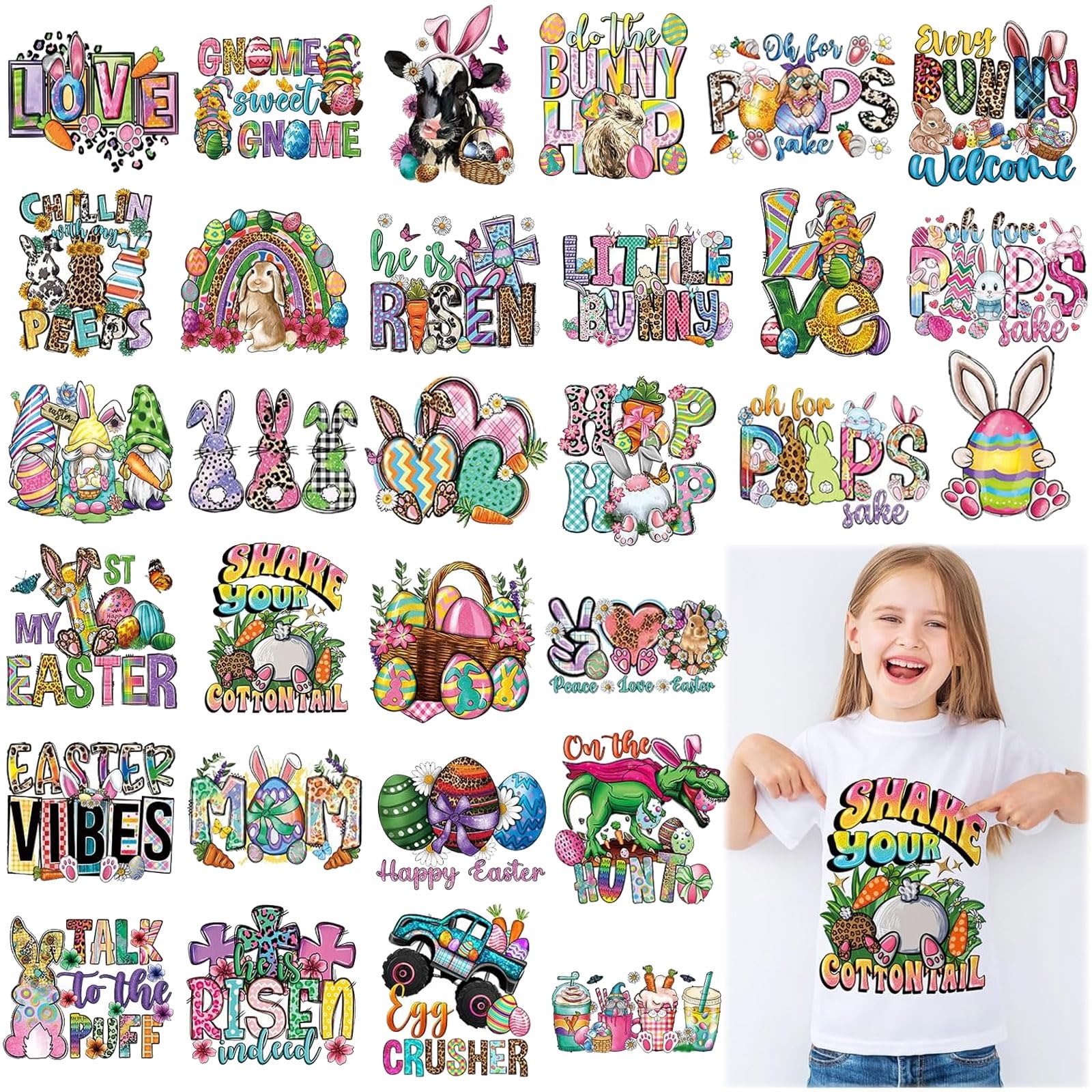 Estune 30 Pcs Easter Iron-On Transfers - Bunny & Egg Heat Transfer Appliques for T-Shirts, DIY Clothes Decor, Pillow Covers - Easter Decals & Patches for Spring Crafts, Kids Activities & Holiday Home Decor
