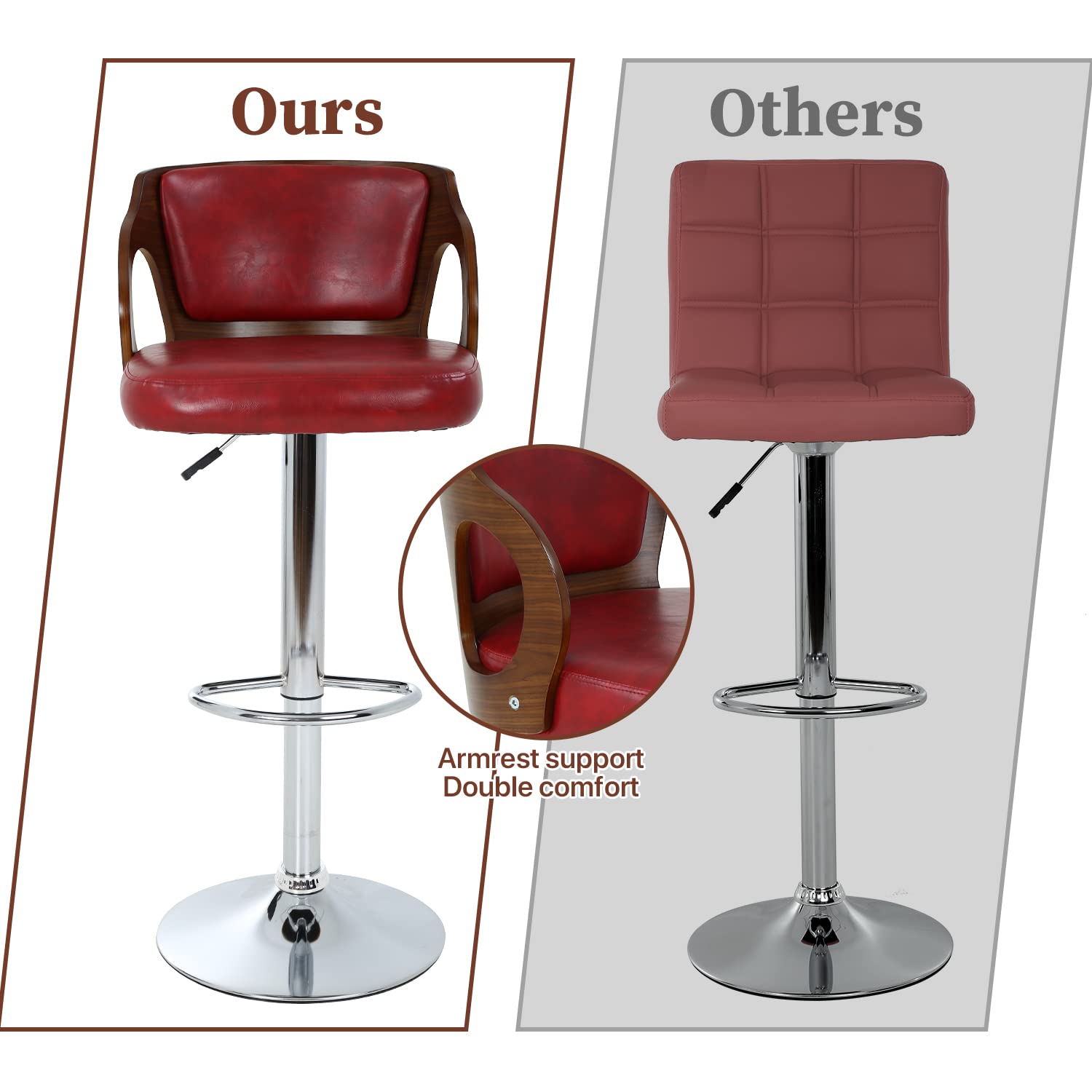 Dkelincs Adjustable Swivel Bar Stools Set of 2 - Counter Height Barstools with Backrest & Arms, Modern PU Leather Hydraulic Stool for Kitchen Island, Breakfast Bar & Dining Room - Red (Home & Commercial Use)