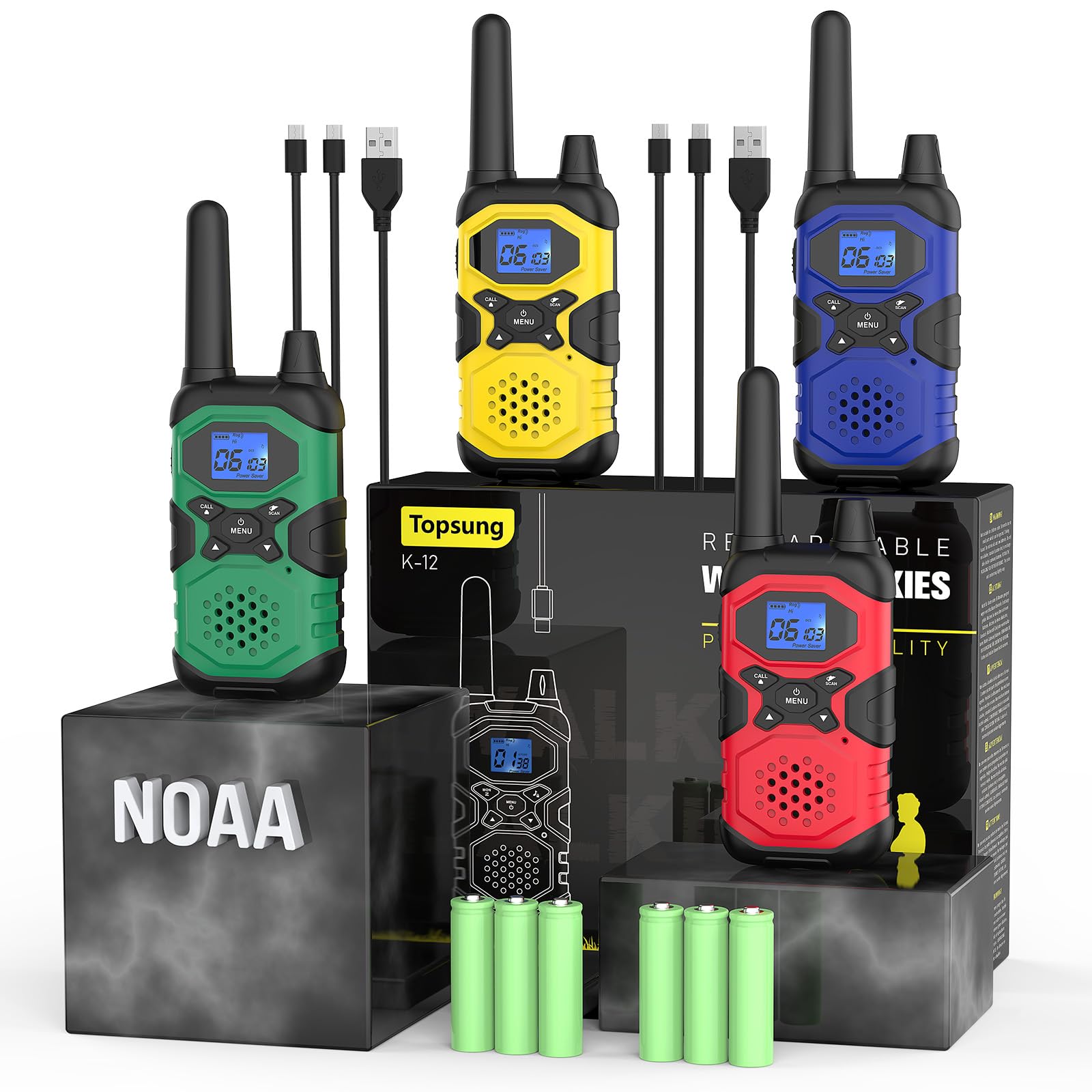 Rechargeable Long Range Walkie Talkies for Adults - 4 Pack 2 Way Radios with NOAA Weather Alerts, USB Cable & 4500mAh Battery - Ideal for Farm Work, Warehouse Operations, Camping, Hiking, Skiing & Cruise Ship Adventures