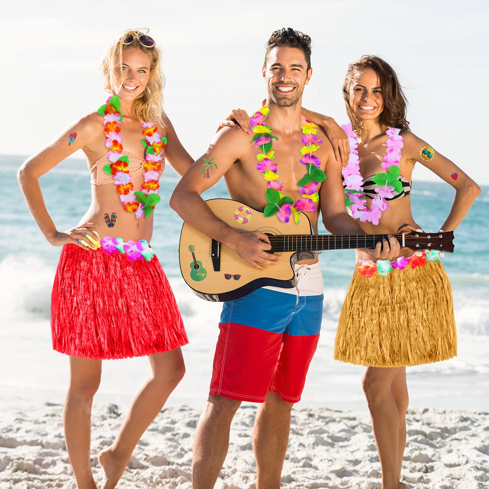 Elcoho 24-Piece Hawaiian Party Set - 8 Tropical Leis, 8 Grass Skirts, 8 Necklaces & 8 Luau Tattoos - Perfect for Hawaiian Themed Parties, Luau Decorations & Summer Beach Events