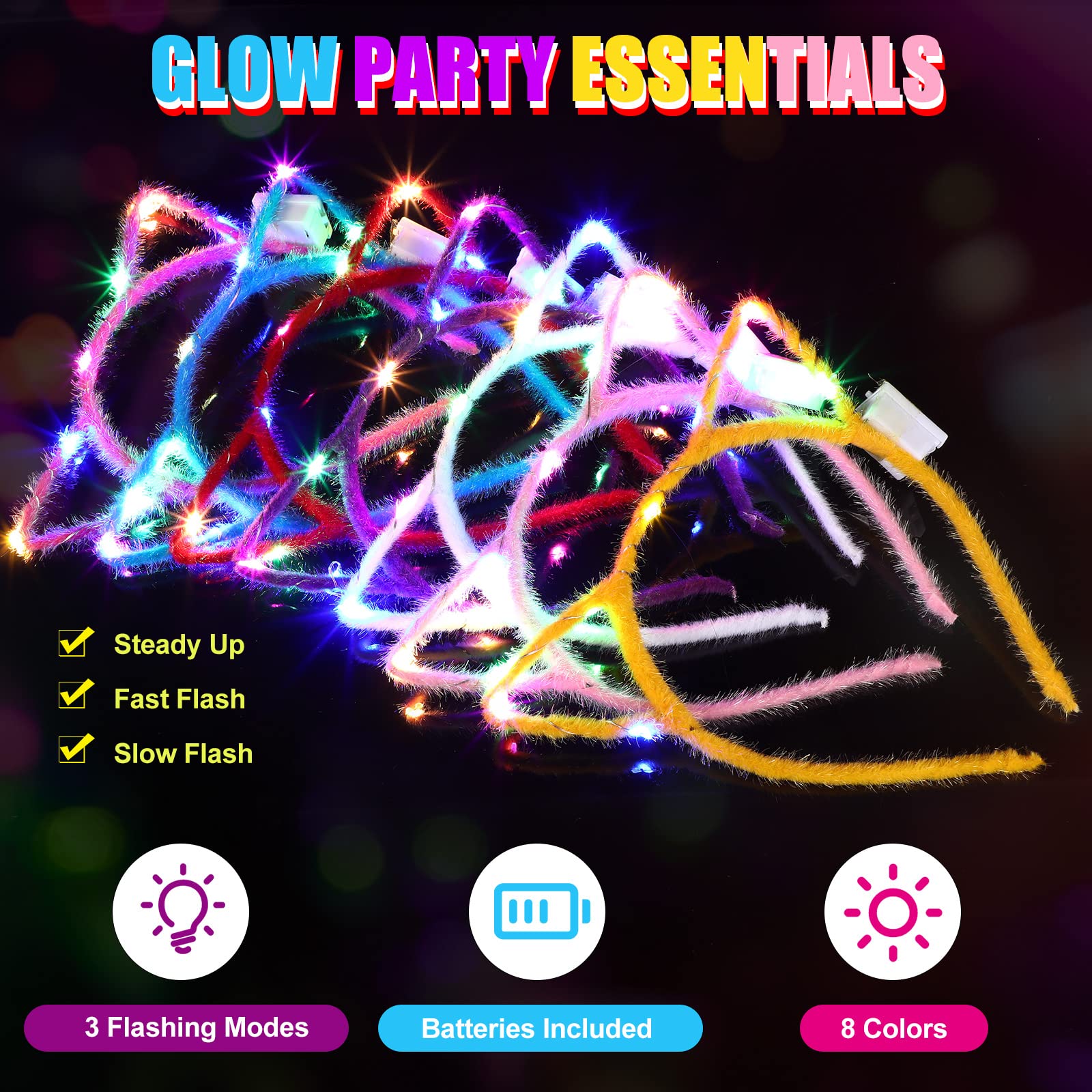 64 Pcs LED Glow in the Dark Headbands - 16 Cat Ears, 16 Rabbit Ears, 16 Unicorn Horns & 16 Cow Horns - Light Up Party Accessories for Women & Girls - Perfect for Valentine's Day, Halloween, Raves, Concerts & Costume Parties