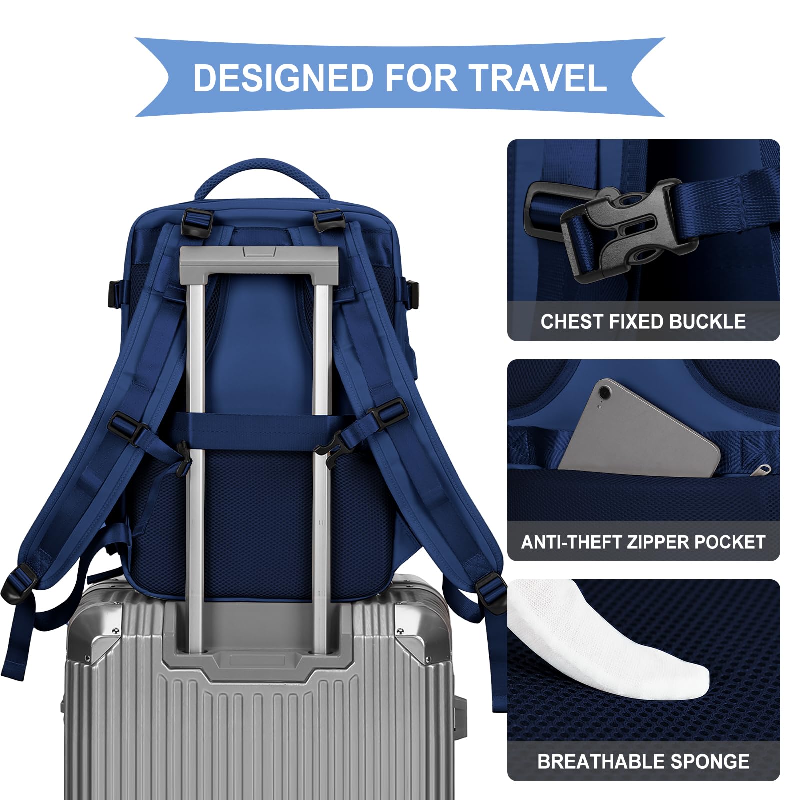 Coowoz Large Travel Backpack for Women & Men - Flight Approved Carry On Backpack, Hiking Backpack, Outdoor Rucksack, Casual Daypack - Perfect for Air Travel, Camping, Hiking & Daily Commute (Royal Blue, Large)