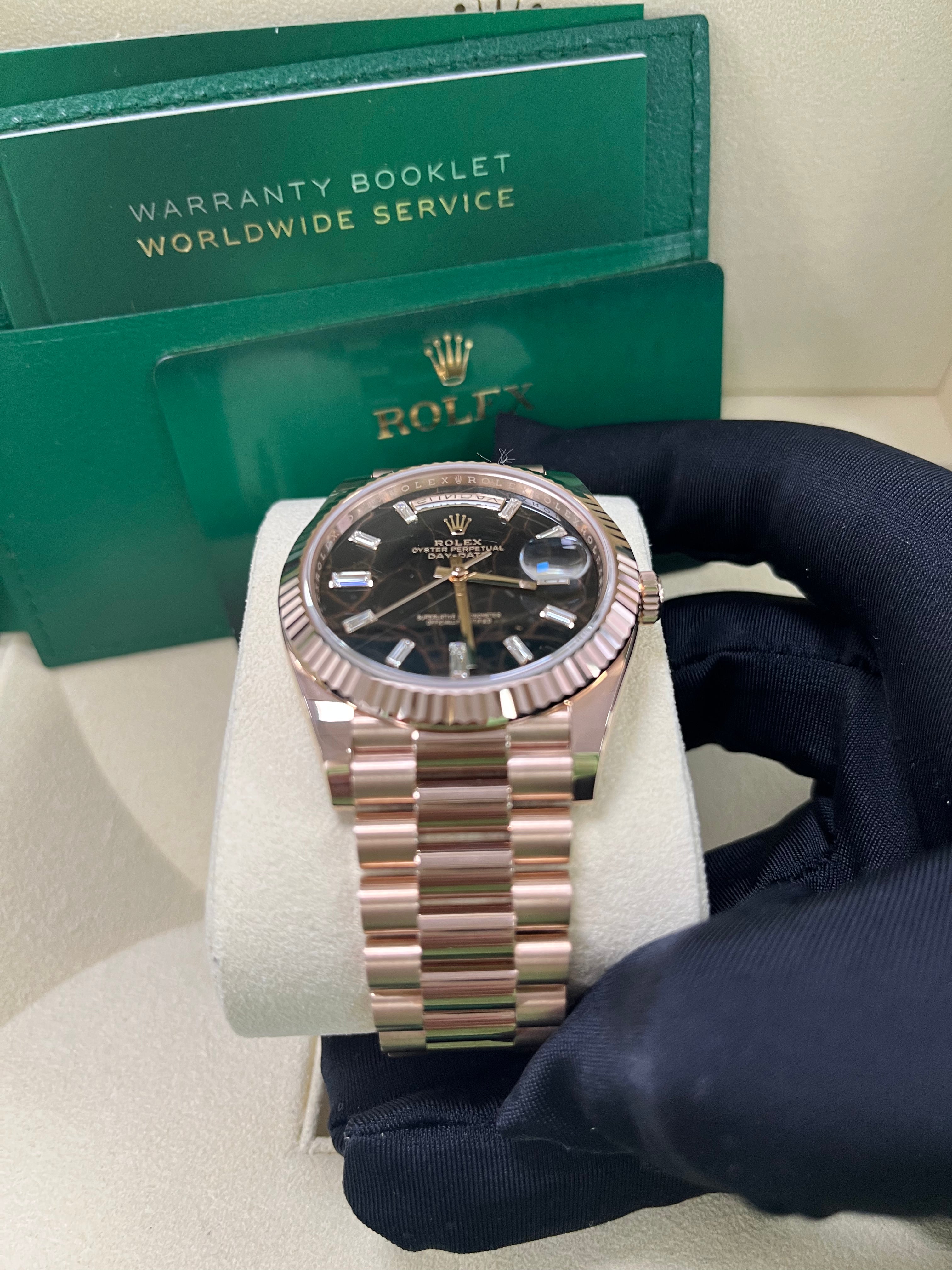 Rolex Day Date 40 Watch - 18K Rose Gold Fluted Bezel, Eisenkiesel Diamond Dial, President Bracelet 228235 - Luxury Dress Watch for Men, Perfect for Business & Formal Occasions