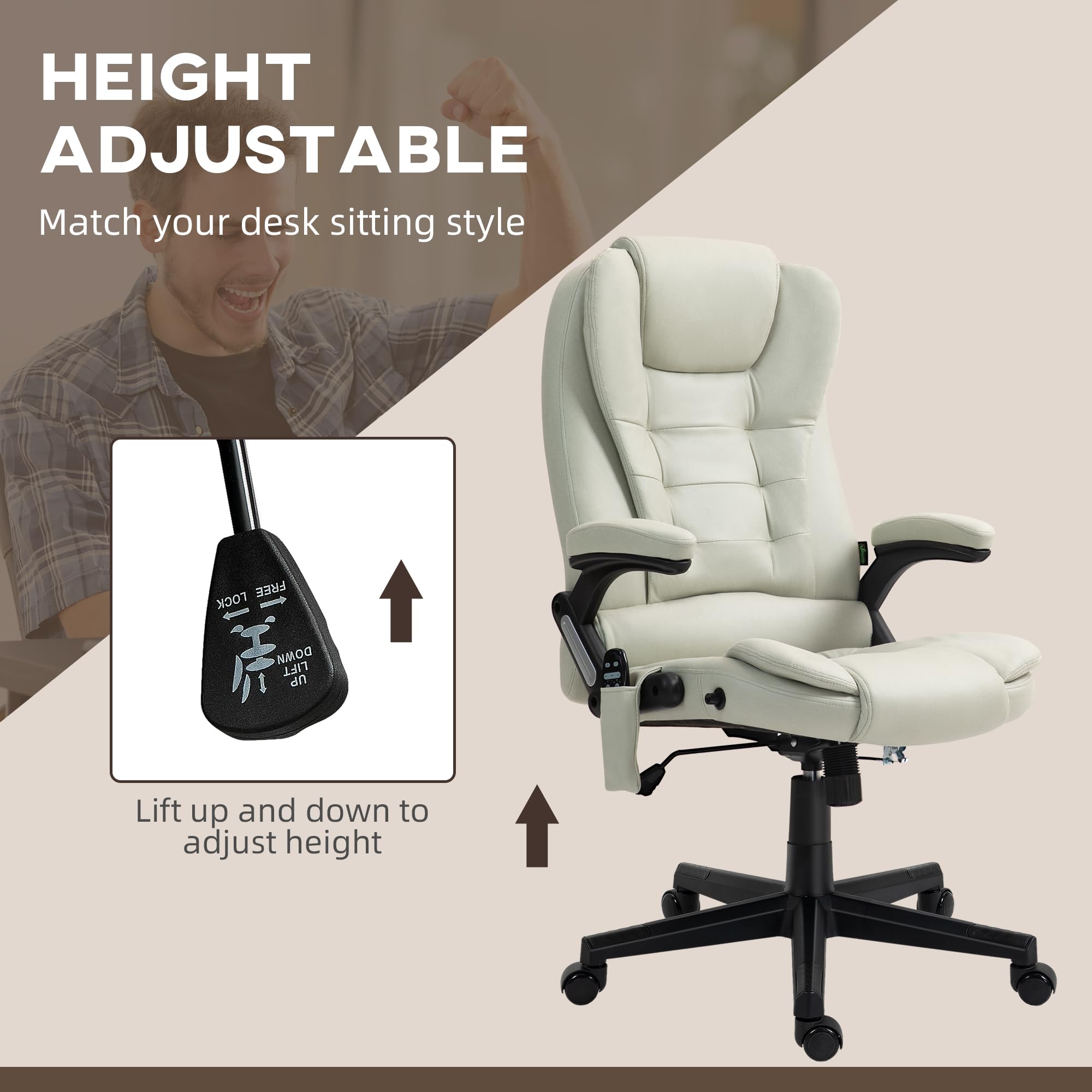 HOMCOM 6-Point Vibrating Massage Office Chair with Heating - High Back Executive Chair, Reclining Backrest & Padded Armrests - Remote Control - Beige Microfiber - Perfect for Home Office, Gaming & Relaxation