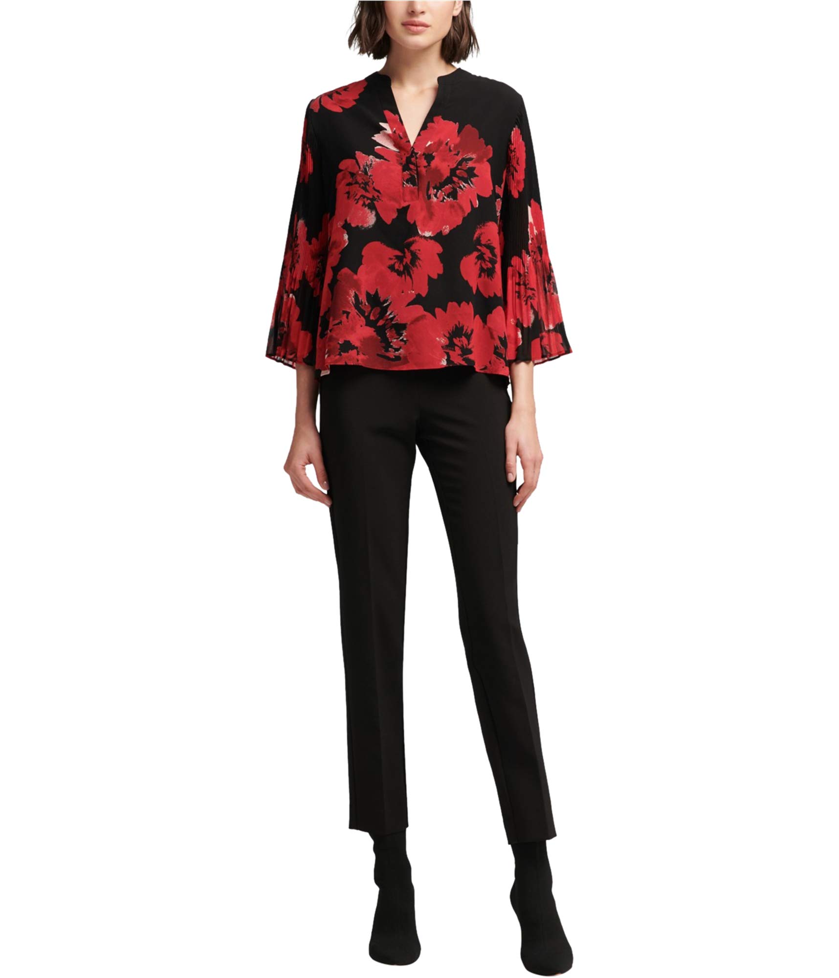 DKNY Women's Pleated Sleeve Henley Blouse - Stylish Casual & Office Wear for Women | Comfortable Button-Down Top for Work, Dates & Everyday Outfits