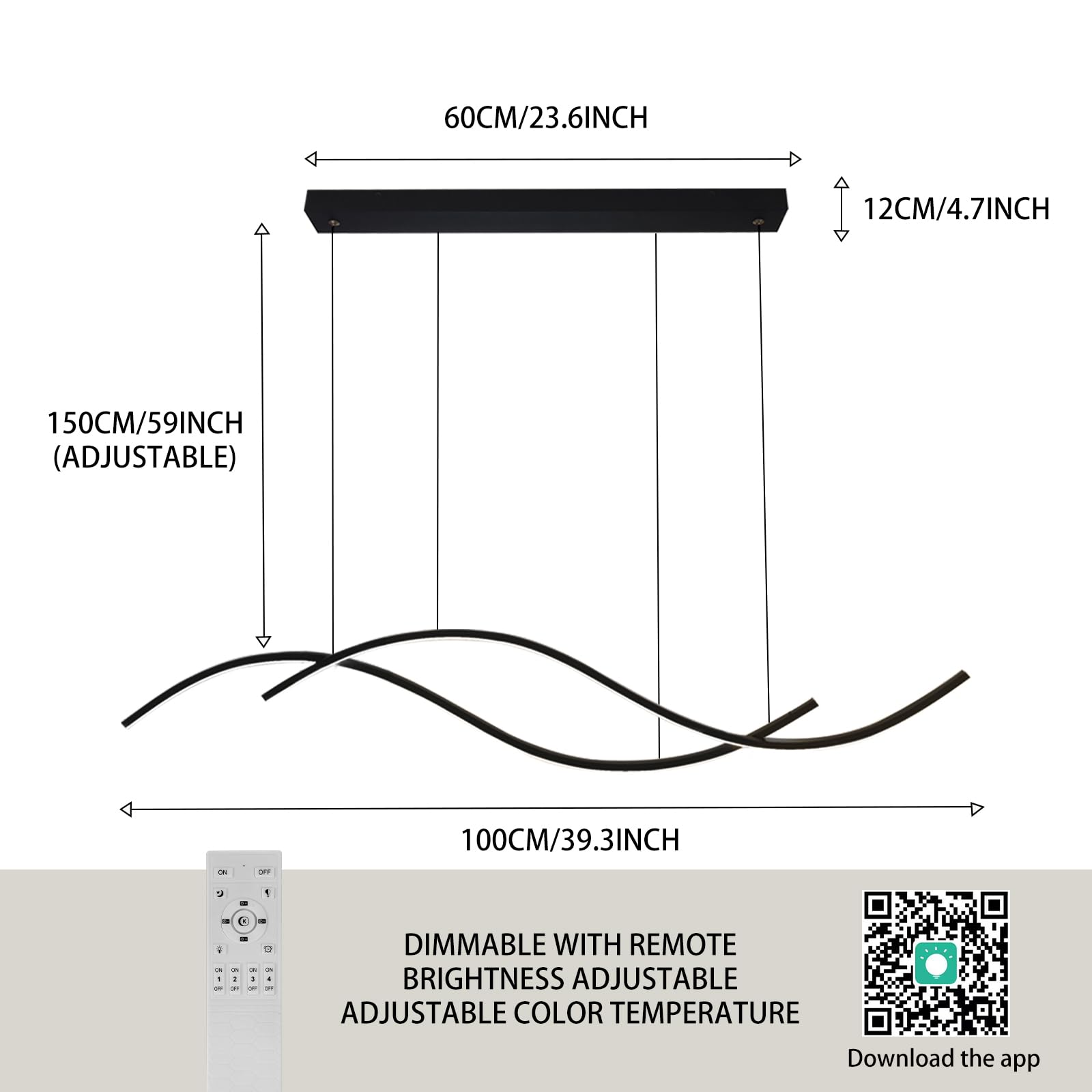 Dimmable Black LED Pendant Light - Modern Wave Chandelier for Kitchen Island, Dining Room & Bedroom | Energy-Efficient Hanging Light Fixture for Table, Counter & Living Spaces