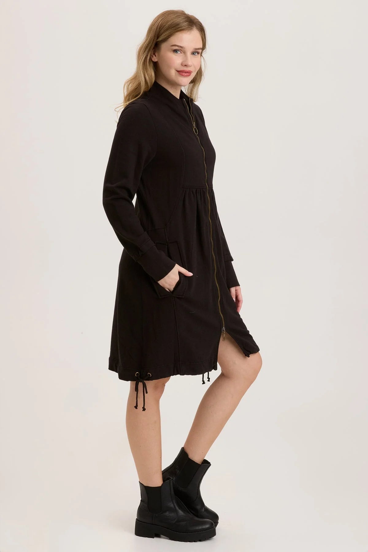 Women's Black Fleece Funnel Neck Long Coat - Winter Warm Outerwear for Casual & Outdoor Activities