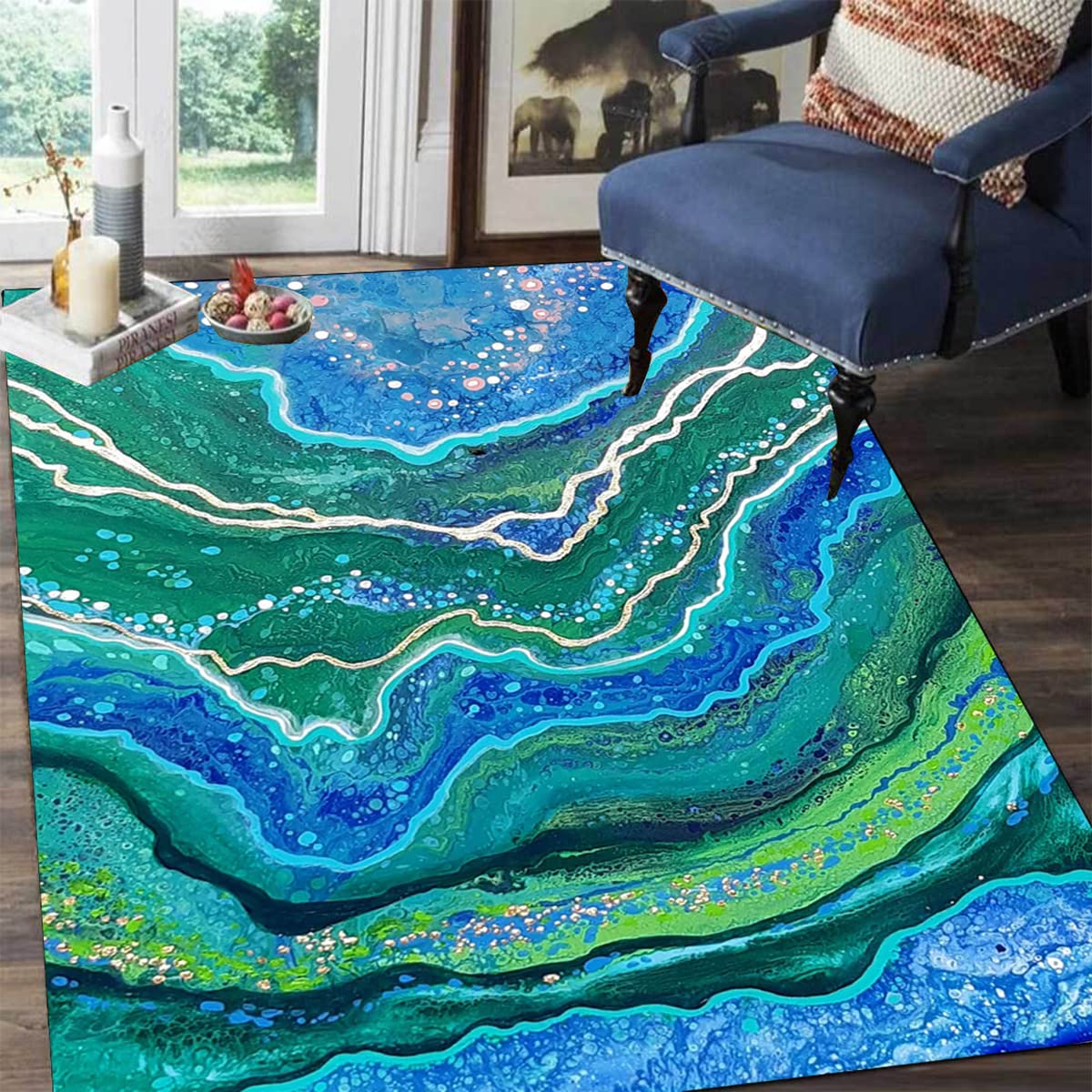 Emerald Green Blue Marble Swirl Striped Area Rug - 6x9 Feet Machine Washable Thick Soft Carpet for Living Room, Nursery, Bedroom, Dining Room, Playroom & Office - Modern Multi-Purpose Accent Rug for Home Decor & Comfort