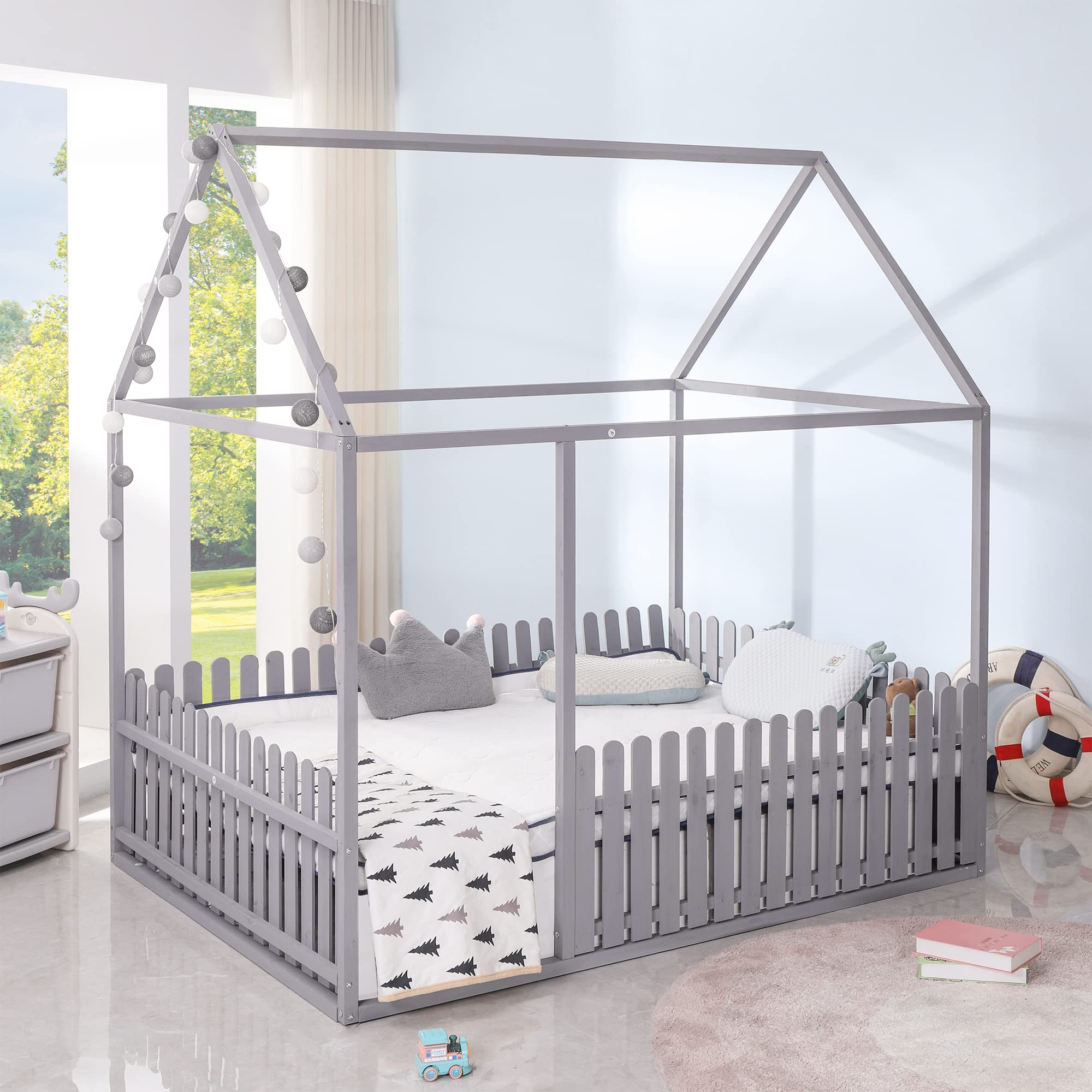 Full Size Single Floor Bed Frame for Kids - Sturdy Wooden Loft Bed with Roof & Safety Railings - Ideal for Children's Room, Teens, Boys & Girls - Perfect for Small Spaces & Montessori Bedrooms
