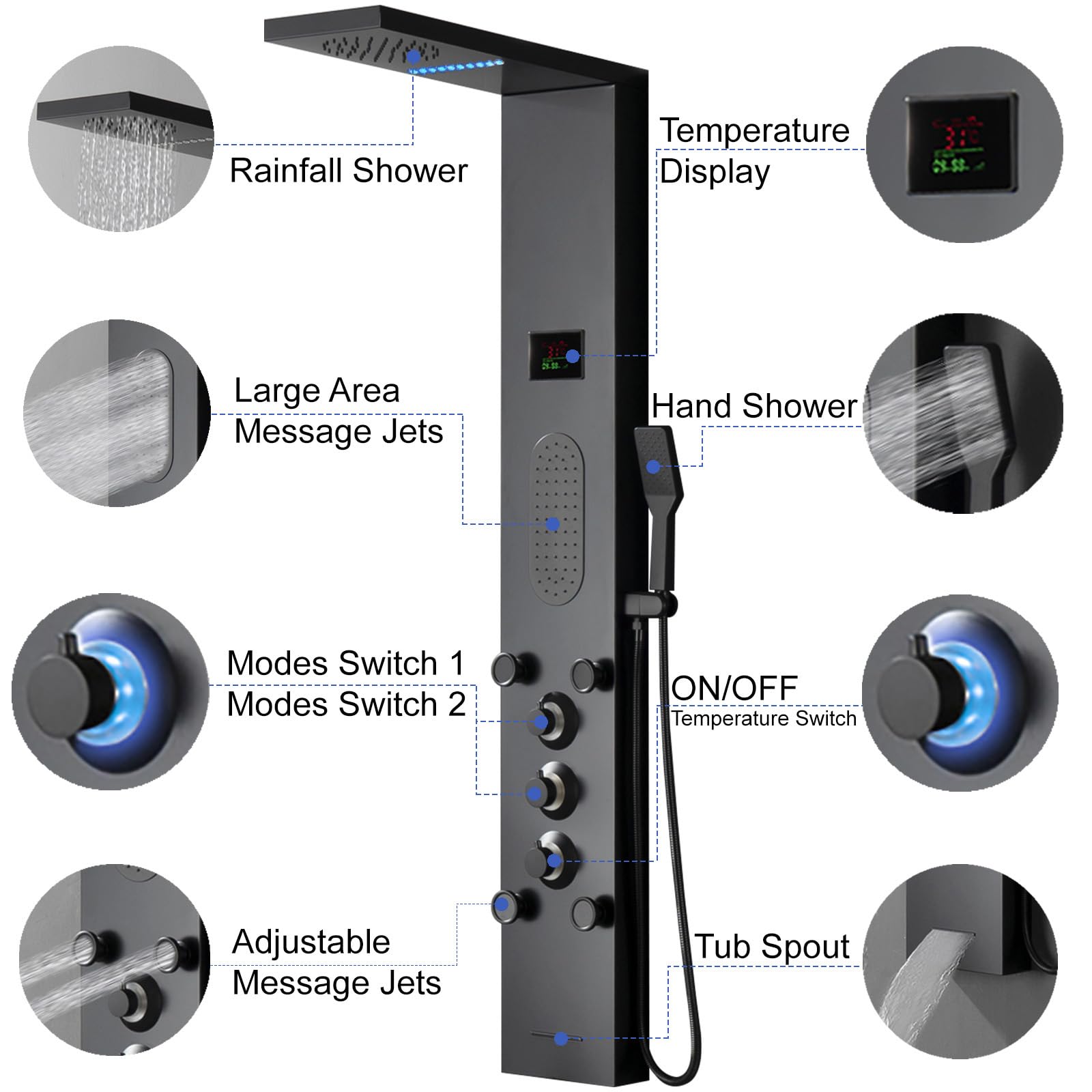 Black LED Shower Panel Tower System with LCD Temperature Display - Large Area Body Jet Massage Shower Fixtures, Adjustable Jets, Tub Spout & Hand Shower | Perfect for Modern Bathrooms, Spa-Like Experience at Home, Luxury Bathroom Upgrade