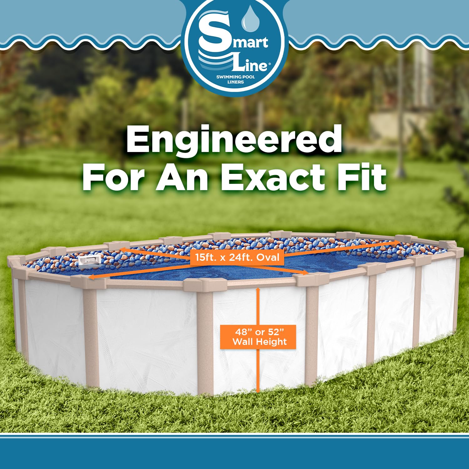 Smartline 15ft x 24ft Oval Above Ground Pool Liner - Heavy Duty 25 Gauge Virgin Vinyl for Steel Wall Pools (48-52 Inch Wall Height, Overlap Style) | Perfect for Backyard Swimming, Family Fun & Summer Relaxation