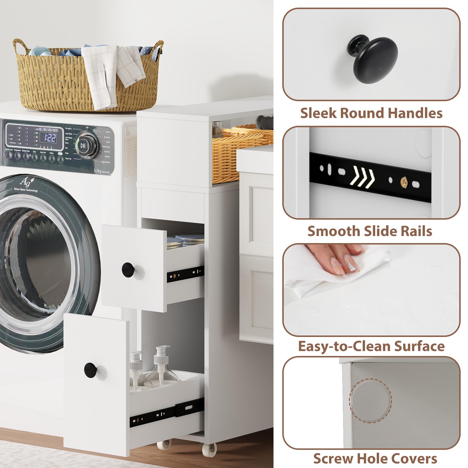 Giantex Slim Bathroom Storage Cabinet with Wheels - 2 Drawers, 2 Baskets & Brush Holder - Over The Toilet Organizer for Small Spaces - Perfect for Narrow Corners, Apartments & Tiny Bathrooms