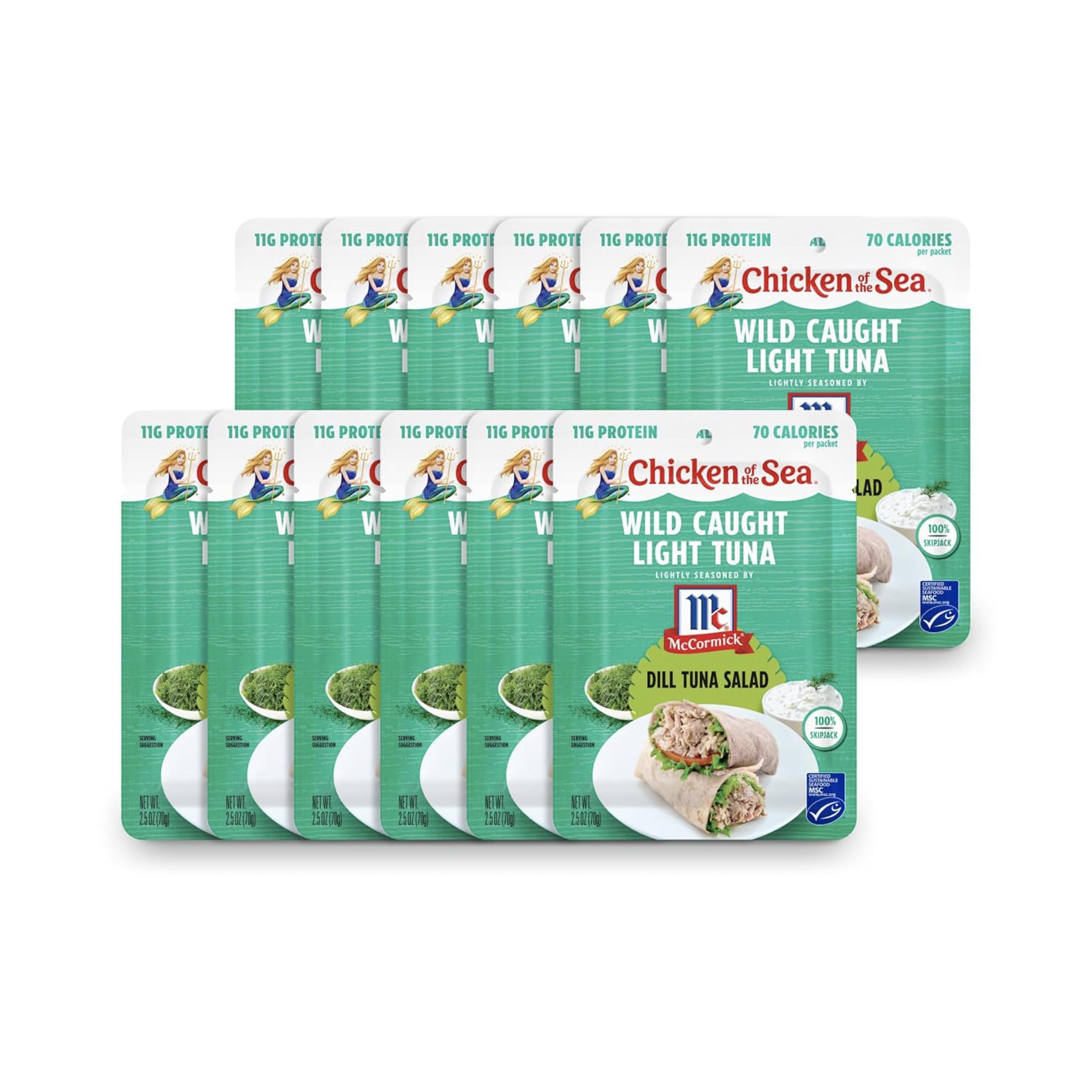 Wild Caught Light Tuna Packets - Chicken of the Sea, 2.5oz (12 Pack) | Lightly Seasoned Dill Tuna Salad | Perfect for Sandwiches, Salads & Healthy Snacks On-The-Go