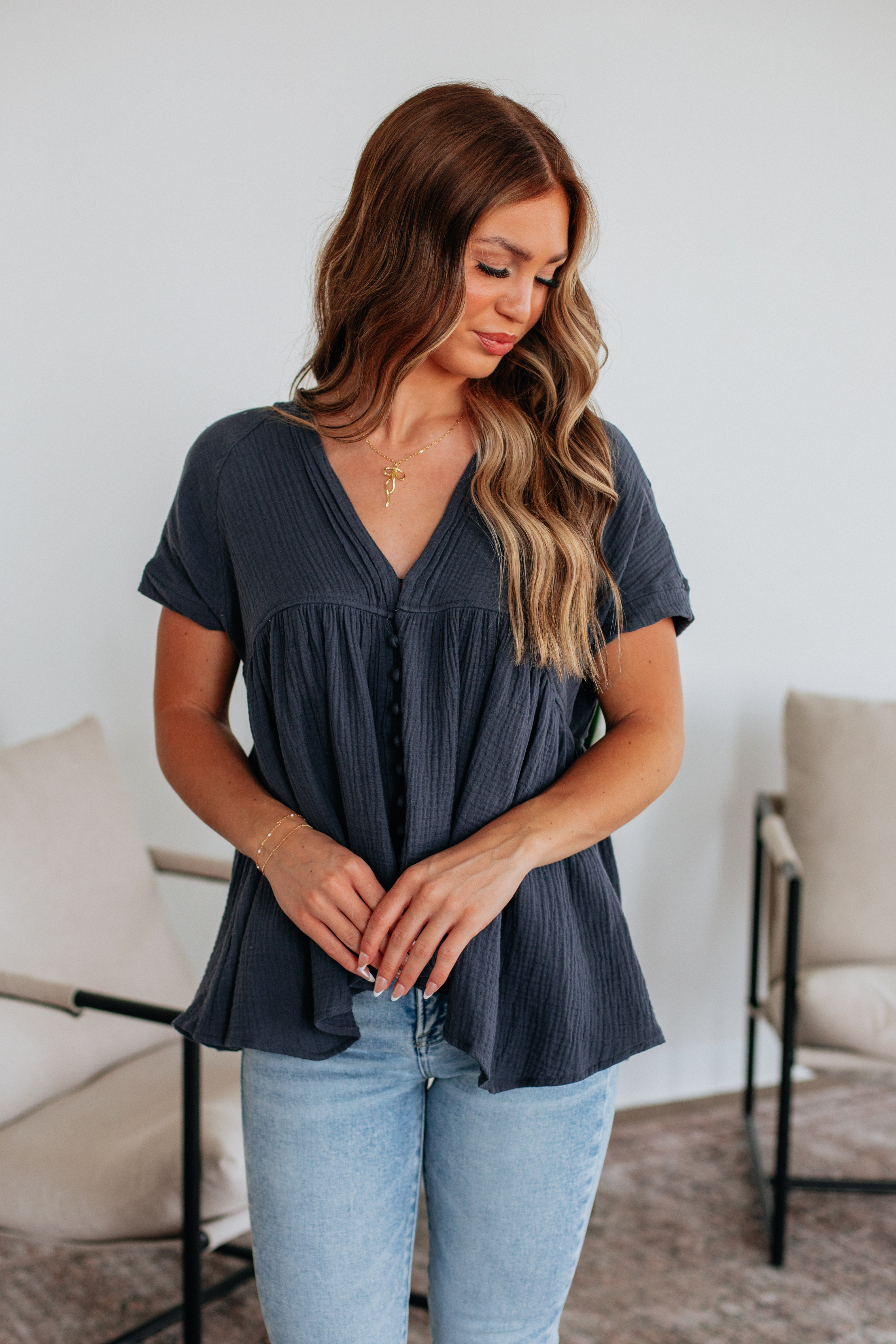 Abilene Babydoll Top for Women - Flowy Short Sleeve Blouse for Casual Wear & Summer Outfits