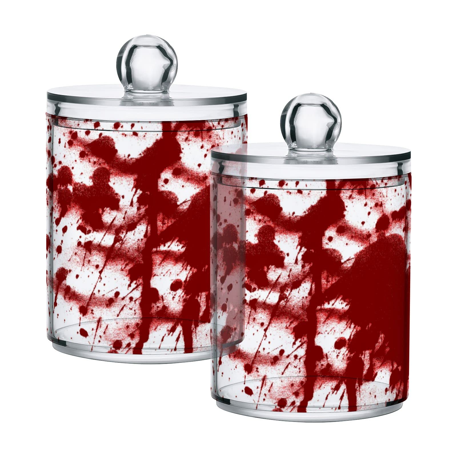 Red Blood Splatter Design Plastic Storage Jars with Lids - Set of 2 (10oz) - Translucent Food Containers for Tea, Cookies, Cotton Swabs | Perfect for Halloween Decor, DIY Crafts & Kitchen Organization