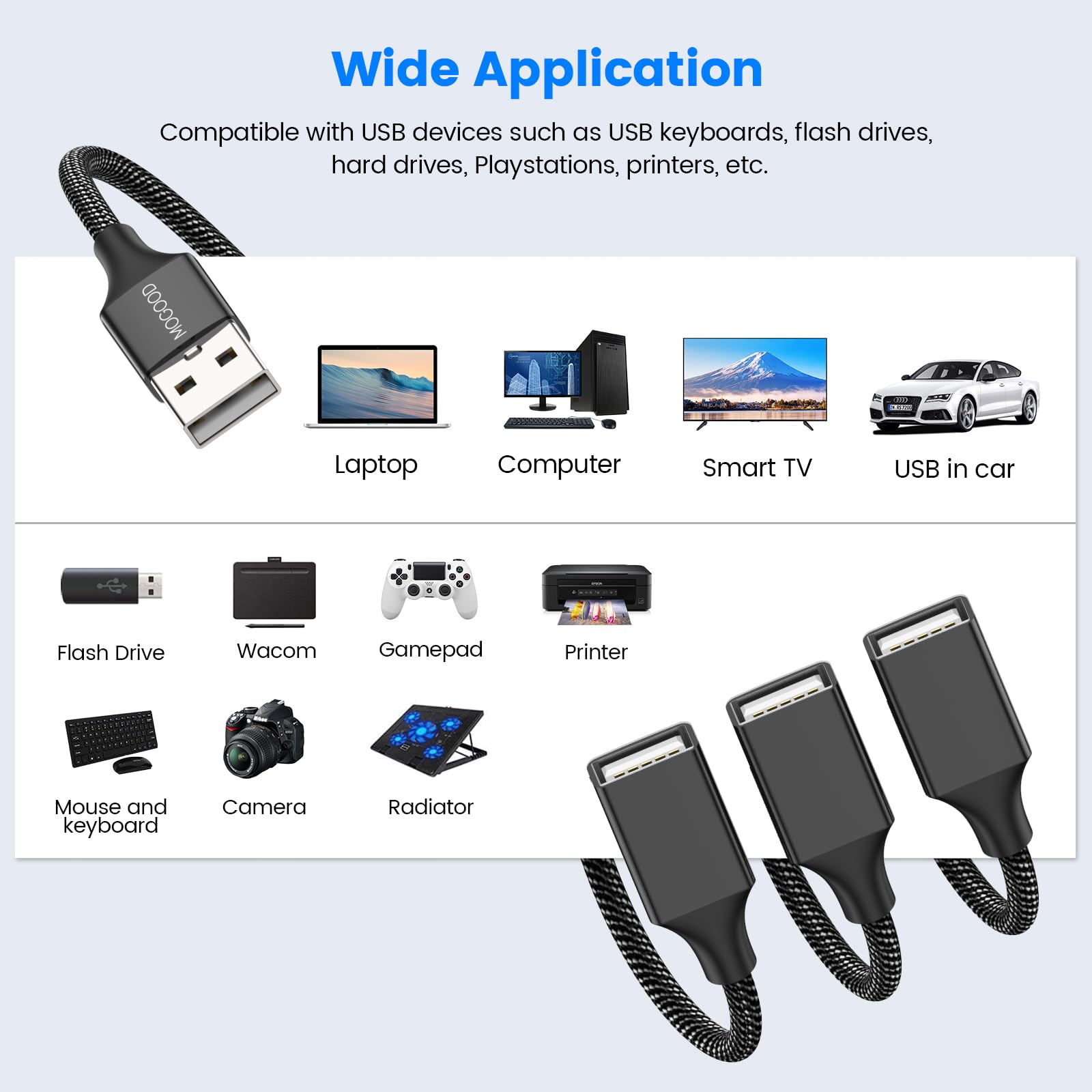 3 in 1 USB Splitter Cable - 1 Male to 3 Female USB 2.0 Adapter for Charging & Data Transfer - Compatible with Laptop, Mac, PC, Phone - Multi-Port USB Hub Extension for Home, Office & Travel Use